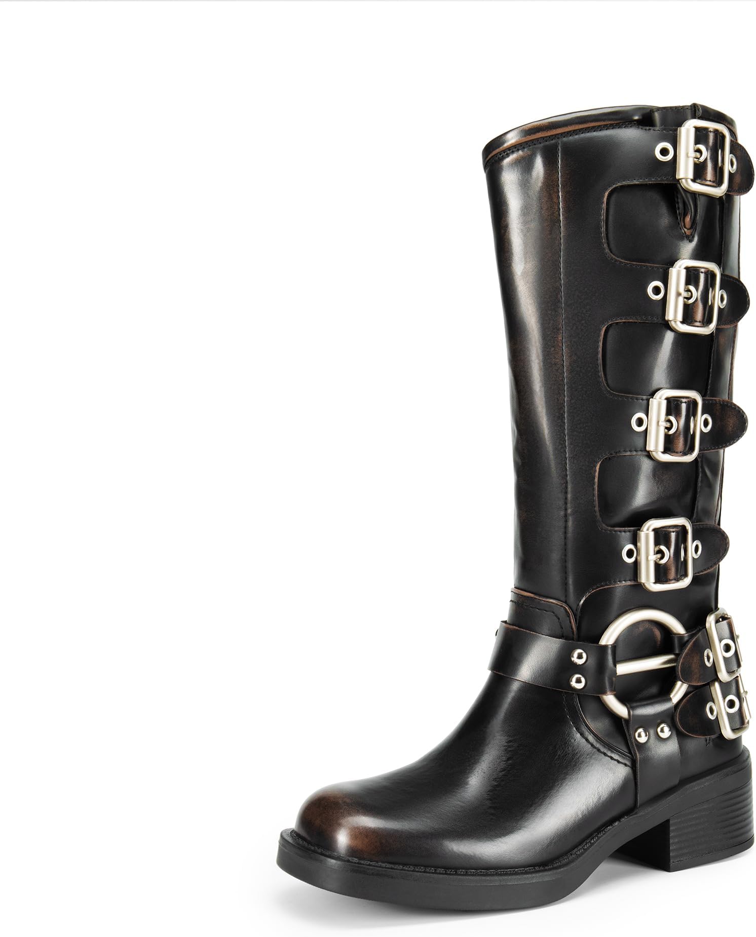– Women's Knee High Riding Boots Slip On Motorcycle Boots Square Toe Chunky Heel Fashion Buckles Biker Boots