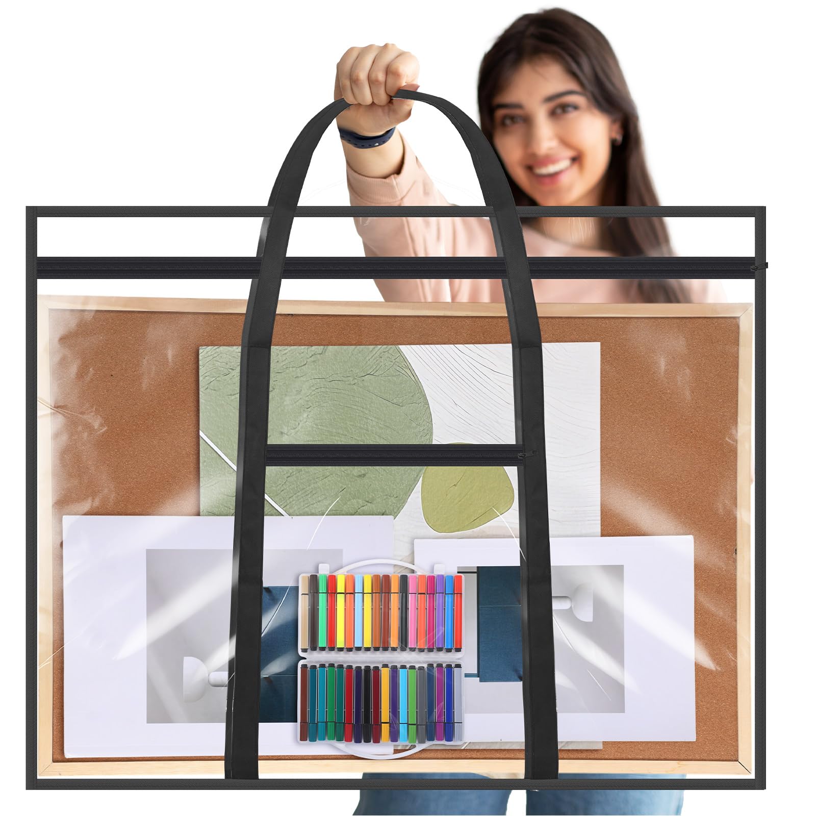 Huhumy Large Art Portfolio Case 48" x 36" Poster Storage Bag Bulletin Board Holder Container PVC Folder with Zipper Handles Pocket for Teachers Artist