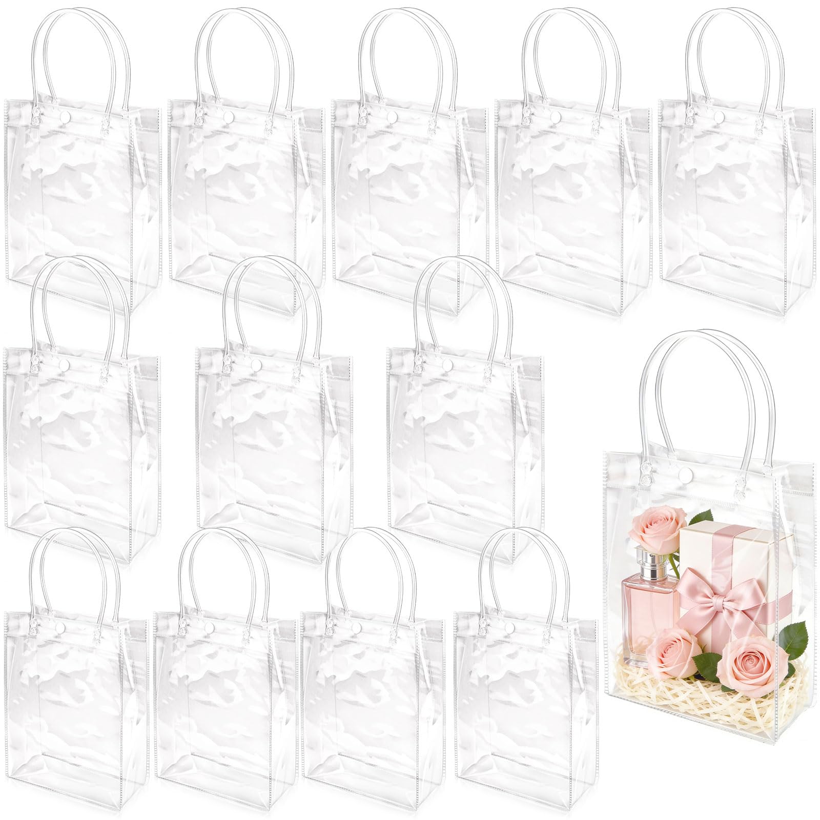WhizToys 12Pcs Clear Gift Bags with Handles, 15x20x7cm Clear Party Bags, Reusable Transparent Plastic Goodie Bags, Bulk Party Favor Tote Bag for Wedding, Birthday, Baby Shower, Christmas — image 1