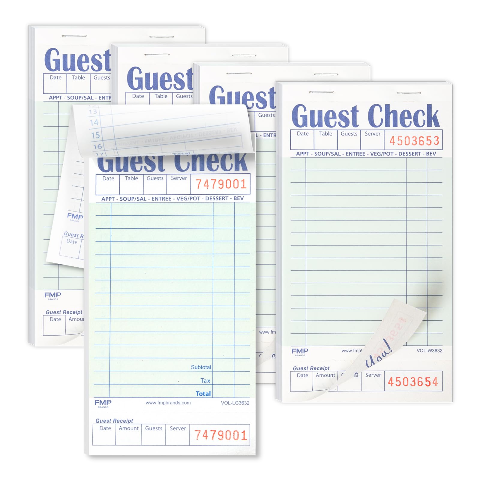 FMP Brands Guest Check Books for Servers, Server Note Pads Paper, Total 250 Sheets (5 Pads), Light Green with Guest Receipt, Guest Check Pads,
