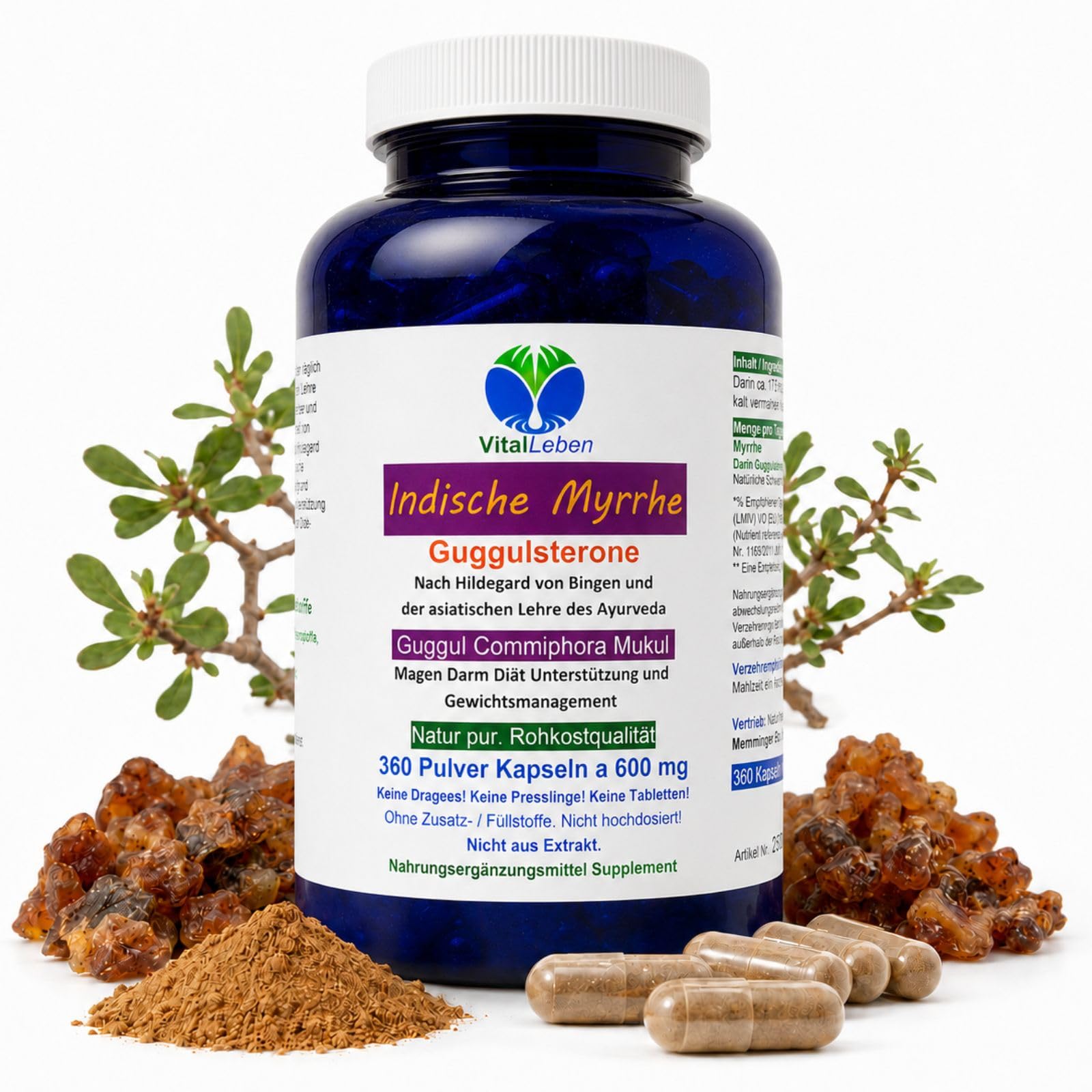 GUGGUL Indische MYRRHE Ayurveda Guggulsterone 360 Pulver Kapseln - Commiphora Mukul Premium Qualität. NATUR PUR - OHNE ZUSATZSTOFFE - OHNE FÜLLSTOFFE. Abgefüllt in Deutschland. 26810-360