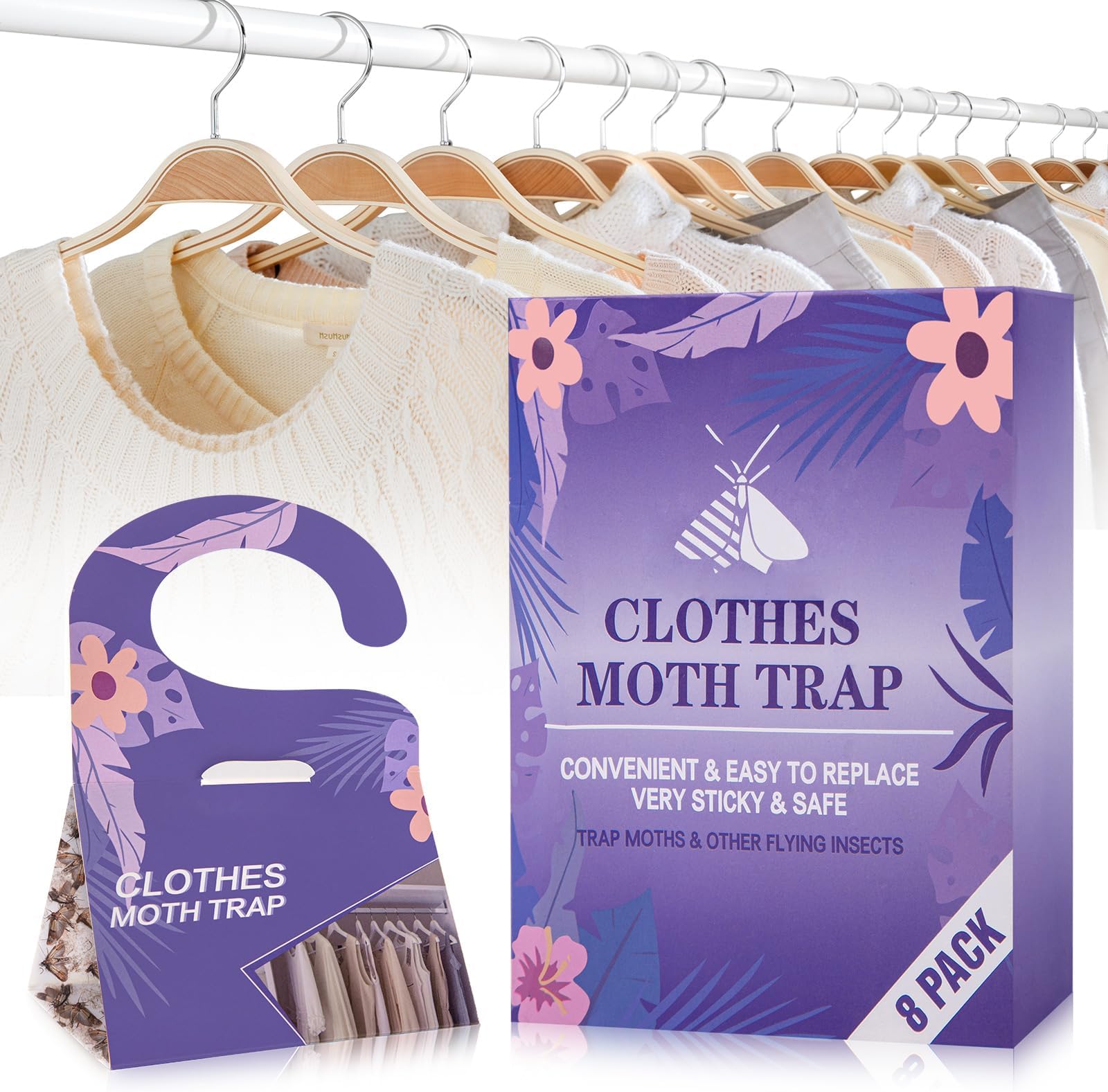 Clothing Moth Traps 8 Packs, Clothes Pantry Moth Trap with Pheromone Attractant for Carpets, Fabrics, Webbing & Case-Bearing, Effective Sticky Traps for House, Bug Repellent Indoor