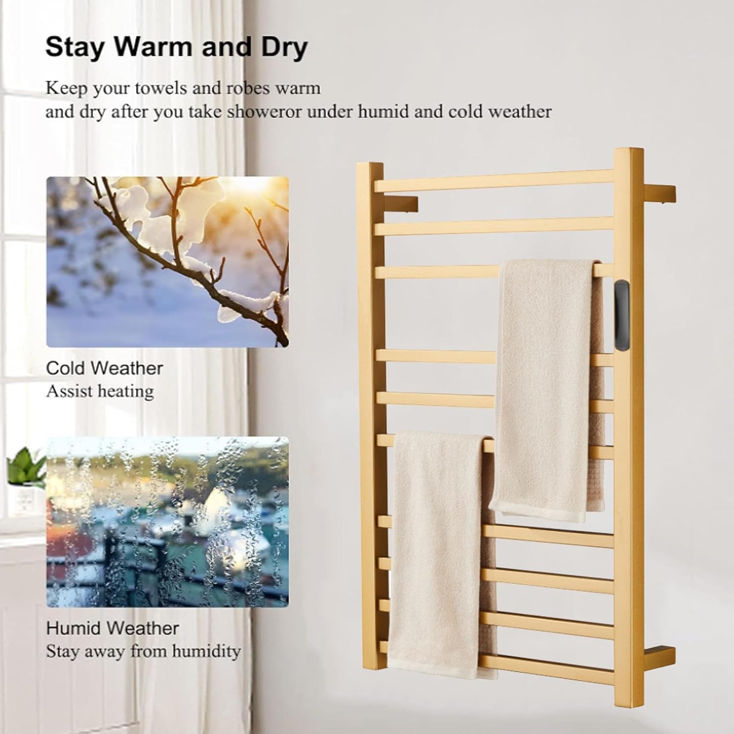 Heated Towel Rack Gold, 10 Bars Towel Warmer Rack for Bathroom Wall Mounted, Timer & Temperature Control Electric Towel Drying Rack, Hardwired