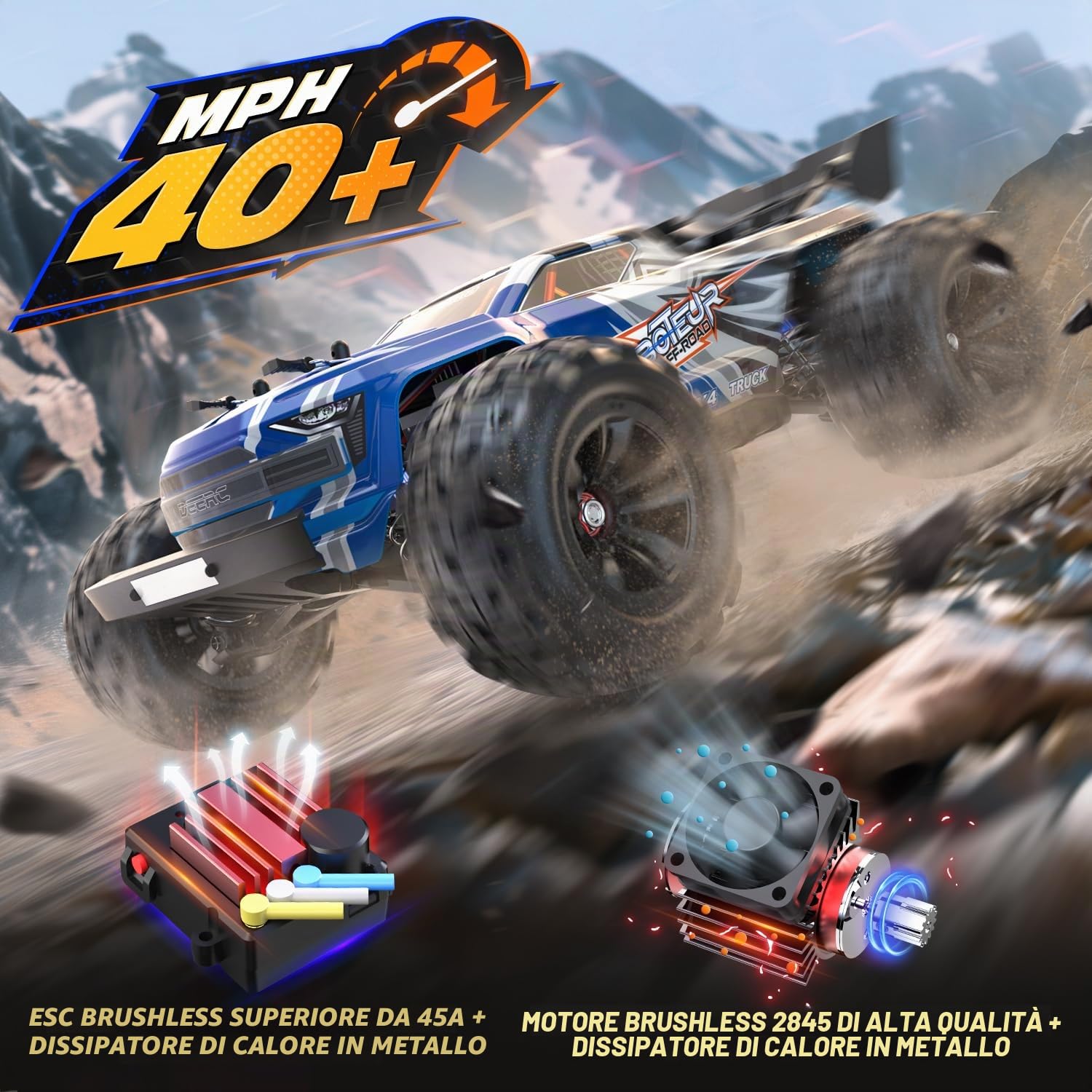 DEERC H16E Camion RC da Corsa senza spazzole, Max 70 km/h, Auto RC Veloci per Hobby 1:16 4X4 RTR per Adulti e Ragazzi, Monster Truck RC per Tutti i Terreni, Regalo per Veicoli Elettrici Fuoristrada