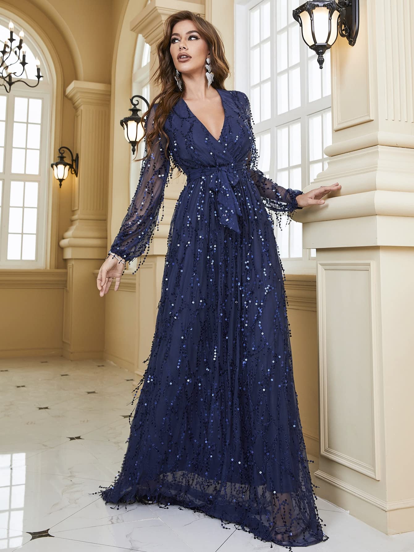 Amazon.com: Dresses for Women Women's Dress Surplice Neck Self Belted  Sequin Formal Evening Gown Dresses (Color : Navy Blue, Size : Medium) :  Clothing, Shoes & Jewelry