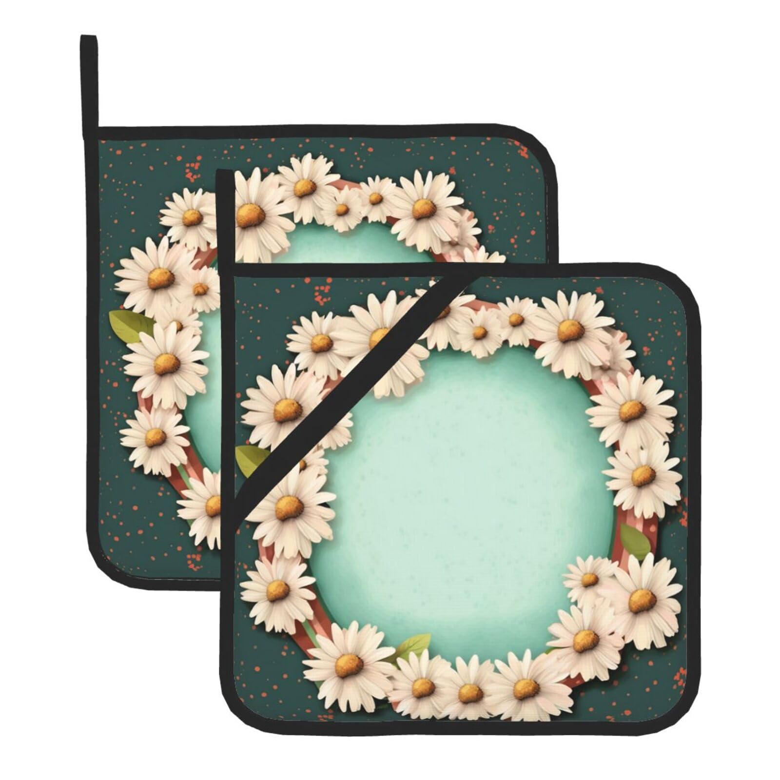 2 Pack with Daisies and Frame Pot Holders for Kitchen Heat Resistant Pot Holders with Pocket Oven Potholders Washable Hot Pads for Cooking Baking Oven Pans Trivet 8x8 Inches