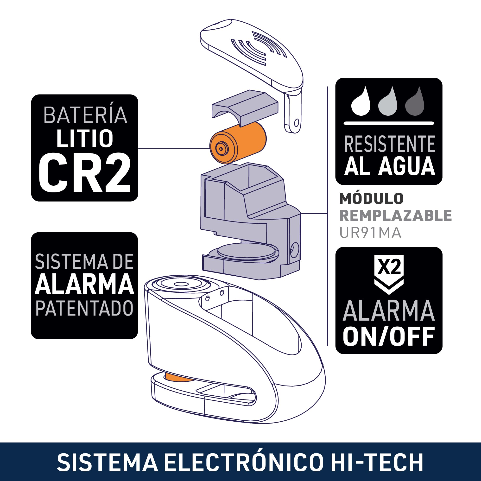 URBAN UR910Y Candado Moto con Alarma 120 dB, Amarillo+Negro Acero Inox Pintado +Disuasorio, Homologado SRA & Sold Secure Gold, Doble Cierre Ø10mm, Bateria CR2, Antirrobo Pinza Cepo Disco Freno Scooter