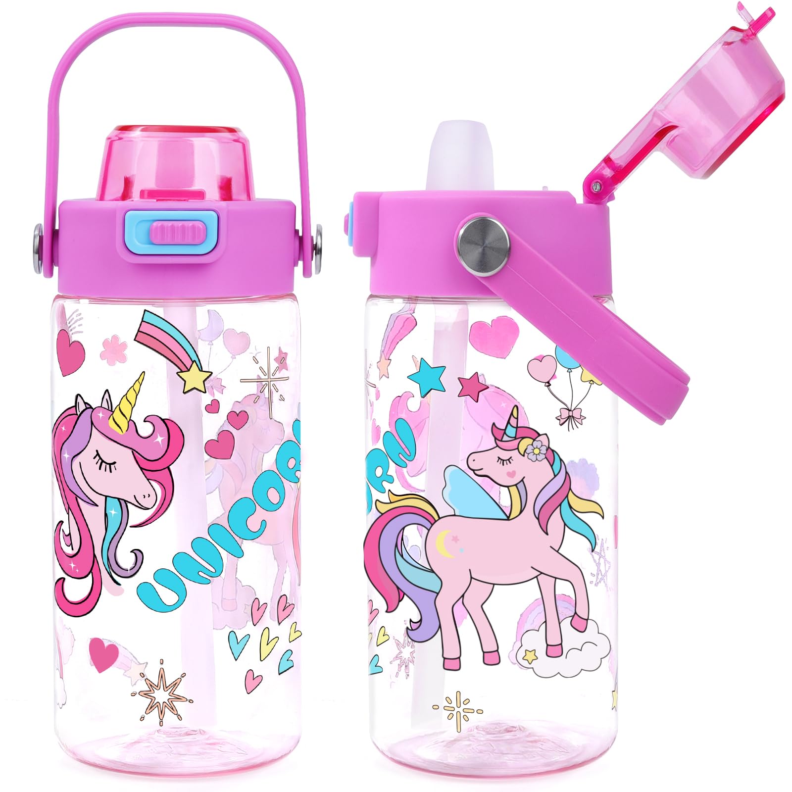 Queenshin Unicorn Water Bottle with Straw for School 20oz Leak Proof Cup