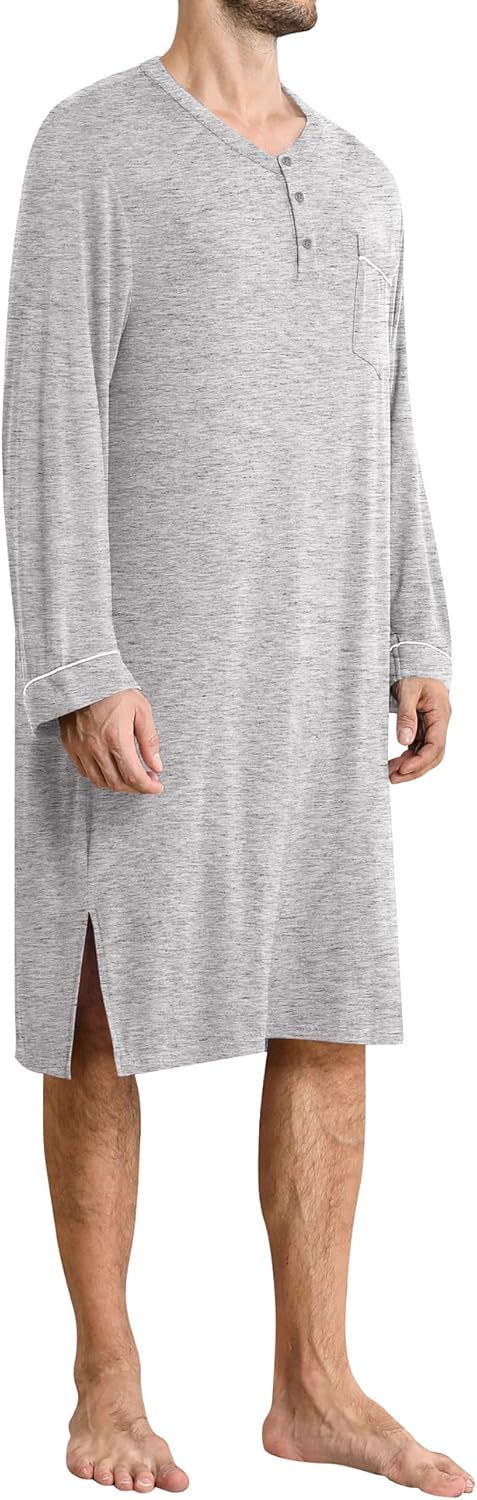 SWOMOG Men's Nightshirt Long Sleeve Nightgown Soft Loose Sleepwear Comfy Big & Tall Henley Sleep Shirt for Sleeping S-XXL - Image 4