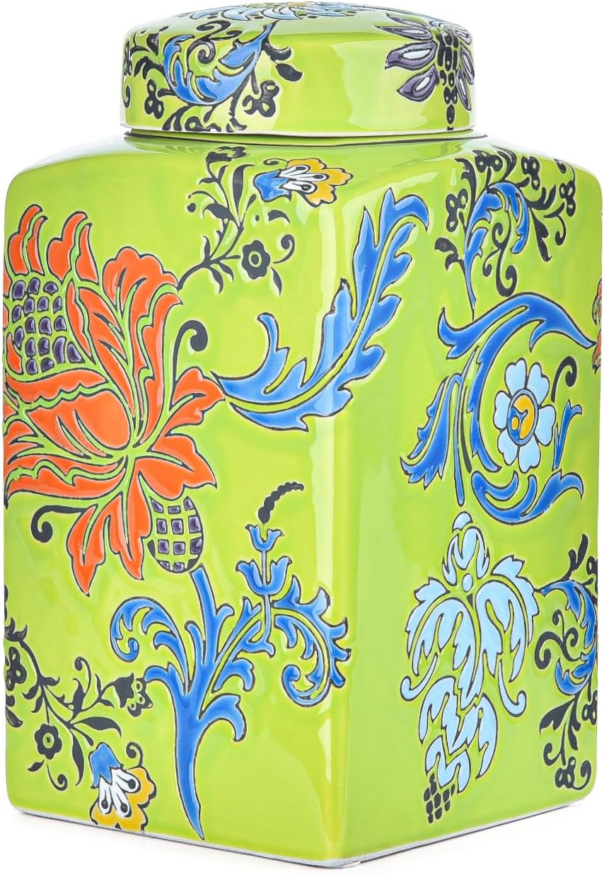 Sungmor Decorative Ceramic Container with Lid, Square Ceramic Storage Jar Tea Canister, 8.2" Hand Painted Floral Pattern Porcelain Vase for Table Centerpiece, Green Glazed Ginger Jar for Home Decor