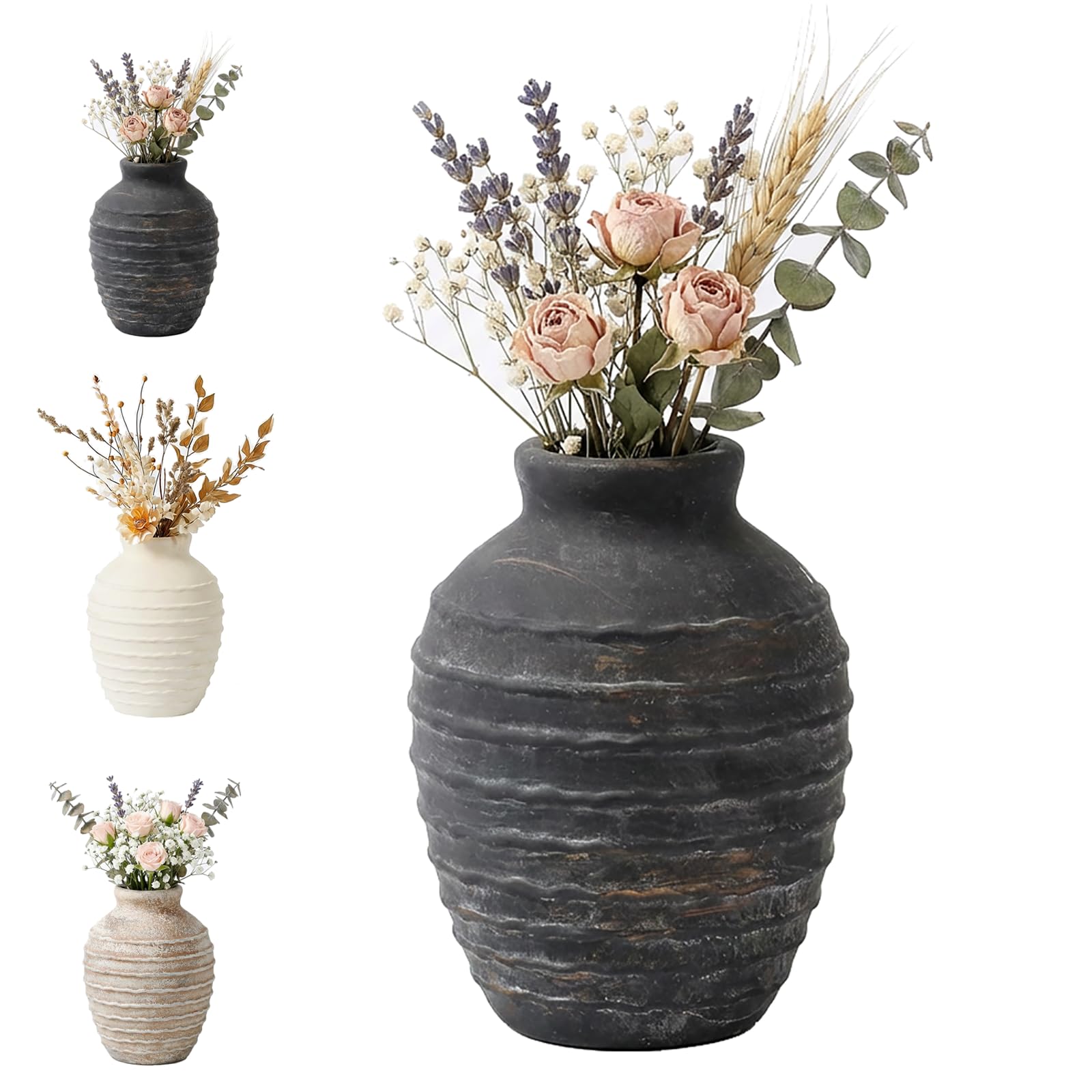 Ceramiczny wazon na kwiaty, ręcznie malowany, prążkowana tekstura – dekoracja domu wiejskiego boho na centralny element stołu, salonu, półki, kominka i wejścia