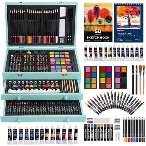 175-Pack Deluxe Wooden Art Set Drawing Painting Kit with 2 Drawing Pads, Acrylic Paints, Colored Pencils, Crayons, Paint Brush, Art Kit in Wooden Case, Gift for Artist, Adults, Teens and Kids
