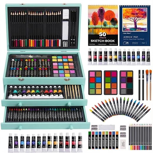 175 Piece Deluxe Art Set with 2 Drawing Pads, Acrylic Paints, Crayons, Colored Pencils, Paint Set in Wooden Case, Professional Art Kit, Art Supplies for Adults, Teens and Artist, Paint Supplies