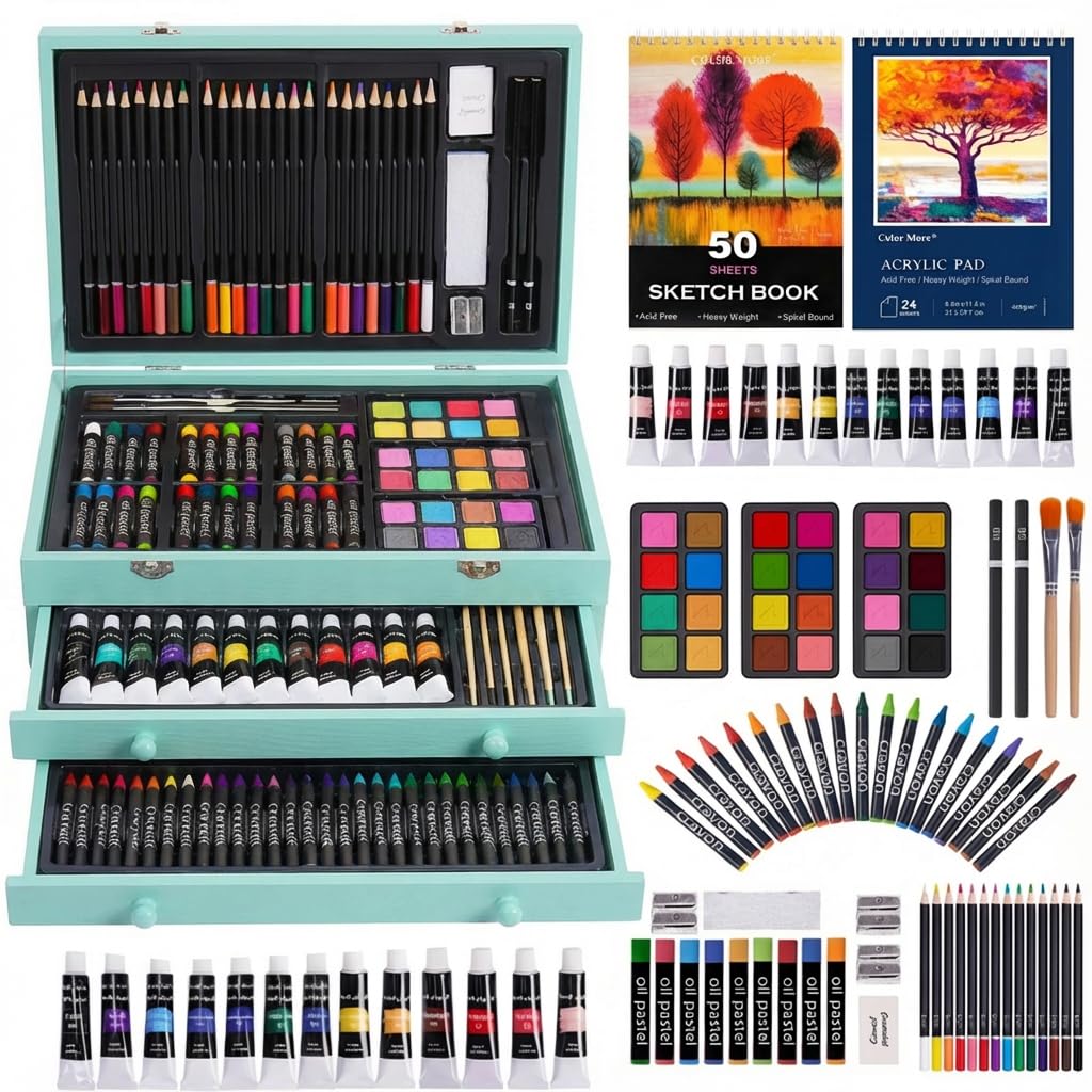 175-Pack Deluxe Wooden Art Set Drawing Painting Kit with 2 Drawing Pads, Acrylic Paints, Colored Pencils, Crayons, Paint Brush, Art Kit in Wooden Case, Gift for Artist, Adults, Teens and Kids