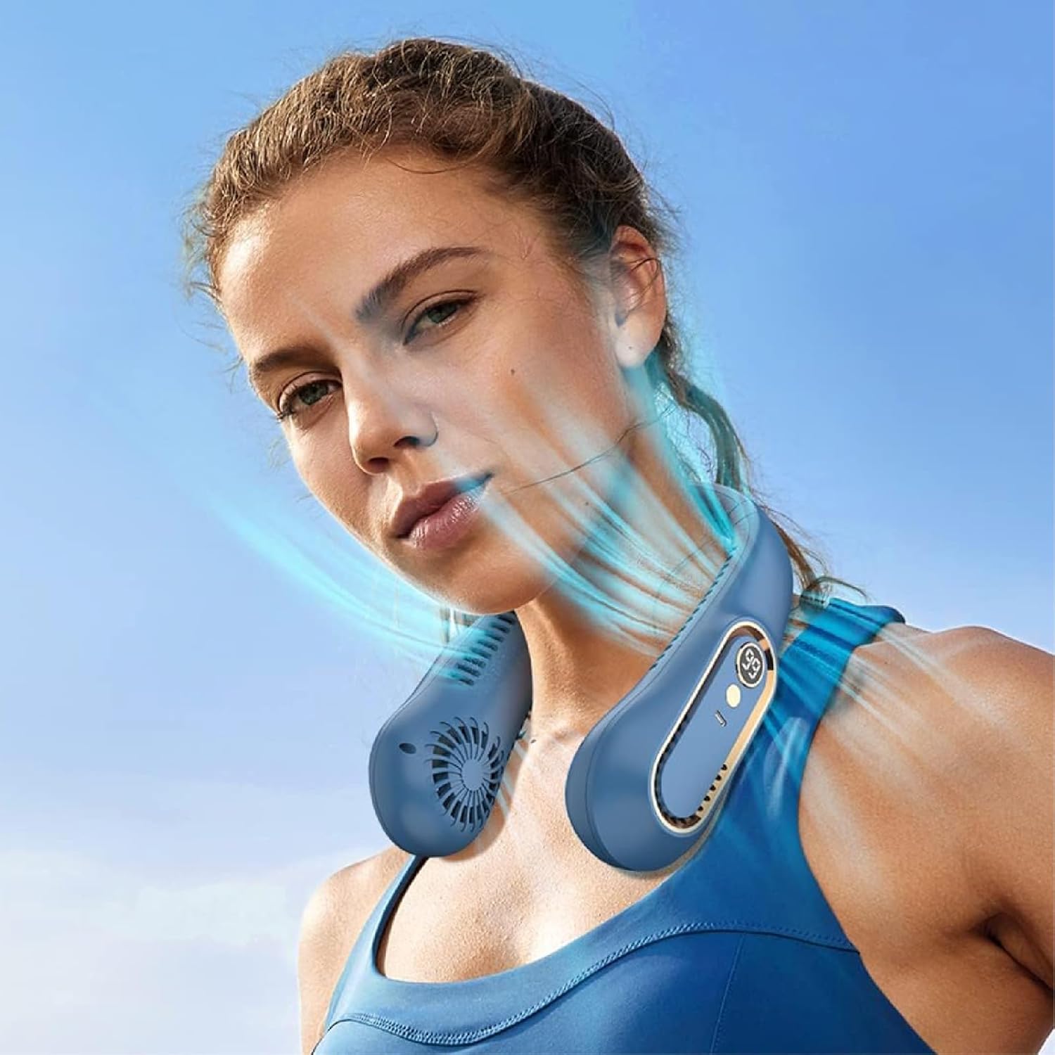 Portable Neck Fan, Hands-Free Bladeless Upgraded Personal Fan with 4000mAh Battery, Rechargeable Leafless Hanging Sport Fan, USB Powered, 5 Speeds, Headphone Style – Blue