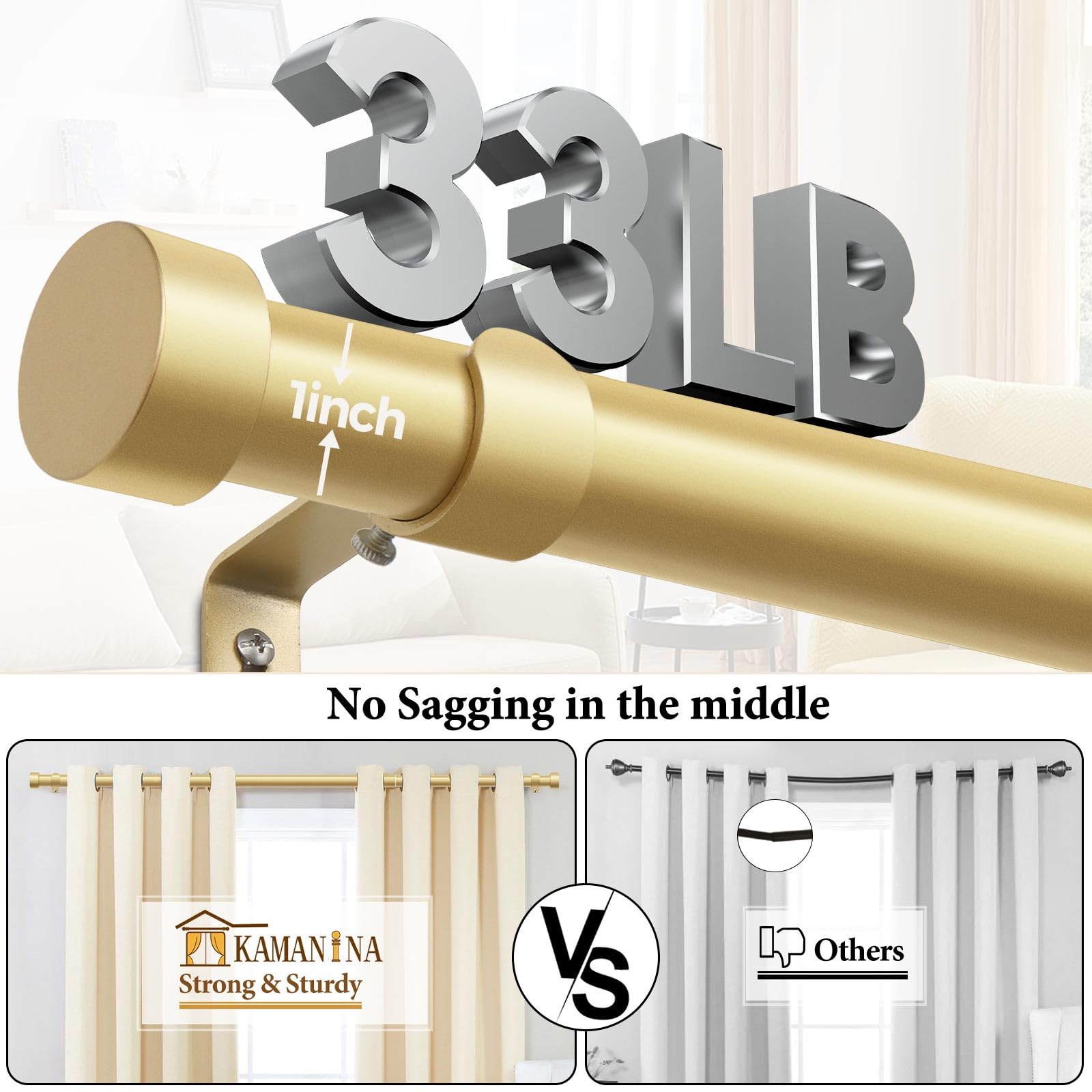 KAMANINA Gold Curtain Pole 80 to 148 cm - Image 3