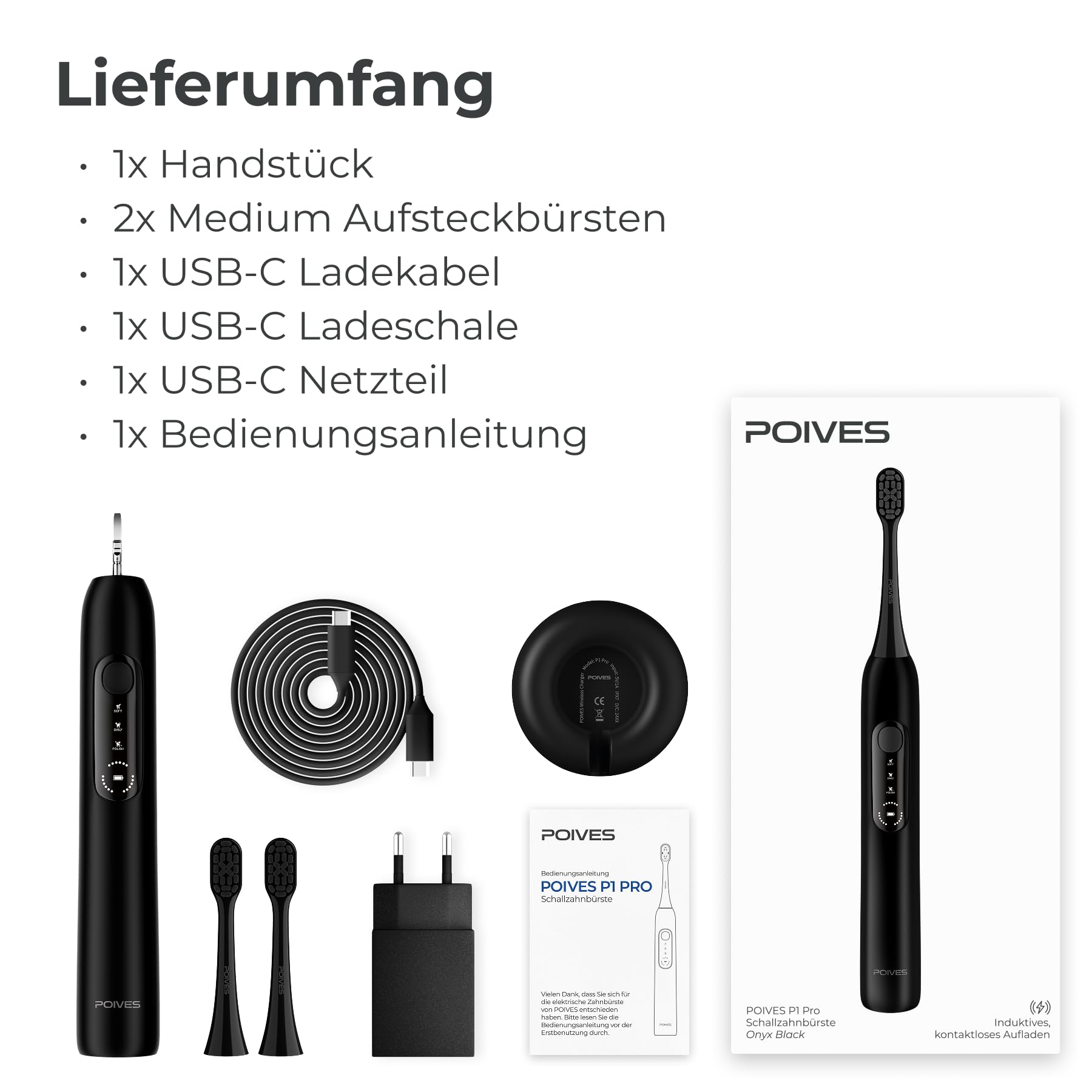 P1 Pro Cepillo de dientes sónico, cepillo de dientes eléctrico con sensor de presión para una limpieza segura, batería de 60 días, Onyx Black