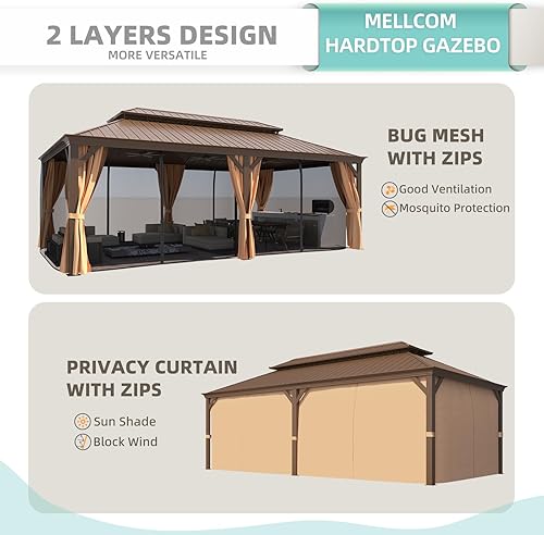 Miniatura 4 de MELLCOM Gazebo de aluminio de doble techo de acero galvanizado de 12 x 22 pies, con cortina y red, cenador permanente marrón con marco de aluminio