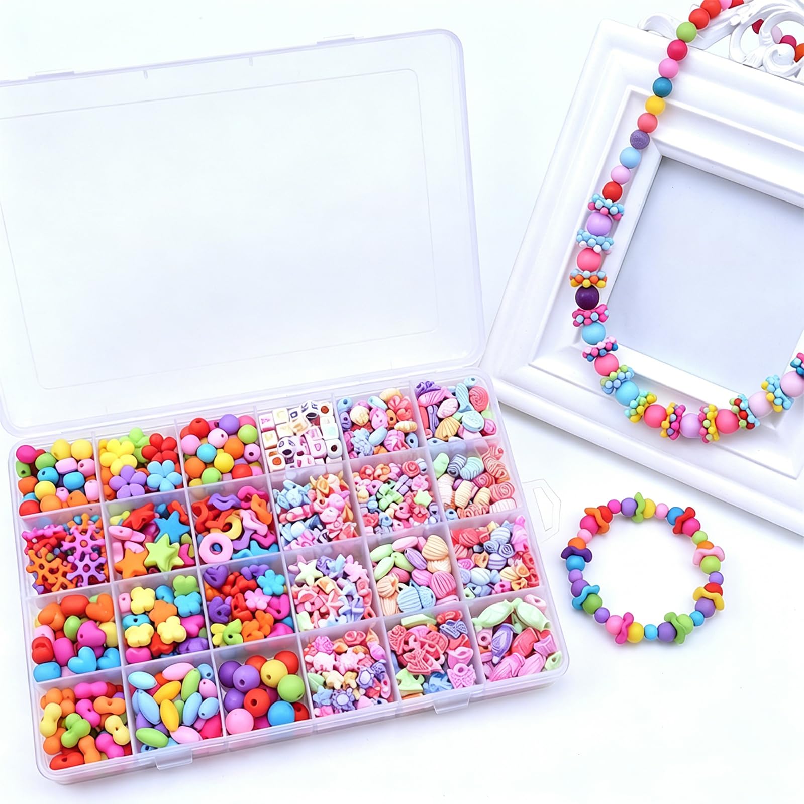 SKYPRO DIY Beaded Jewelry Making Kit, Acrylic Loose Beads & Spacer Beads, Handmade Bracelet Necklace Making Set with 24-Compartment Storage Box（Type6 500Pcs）