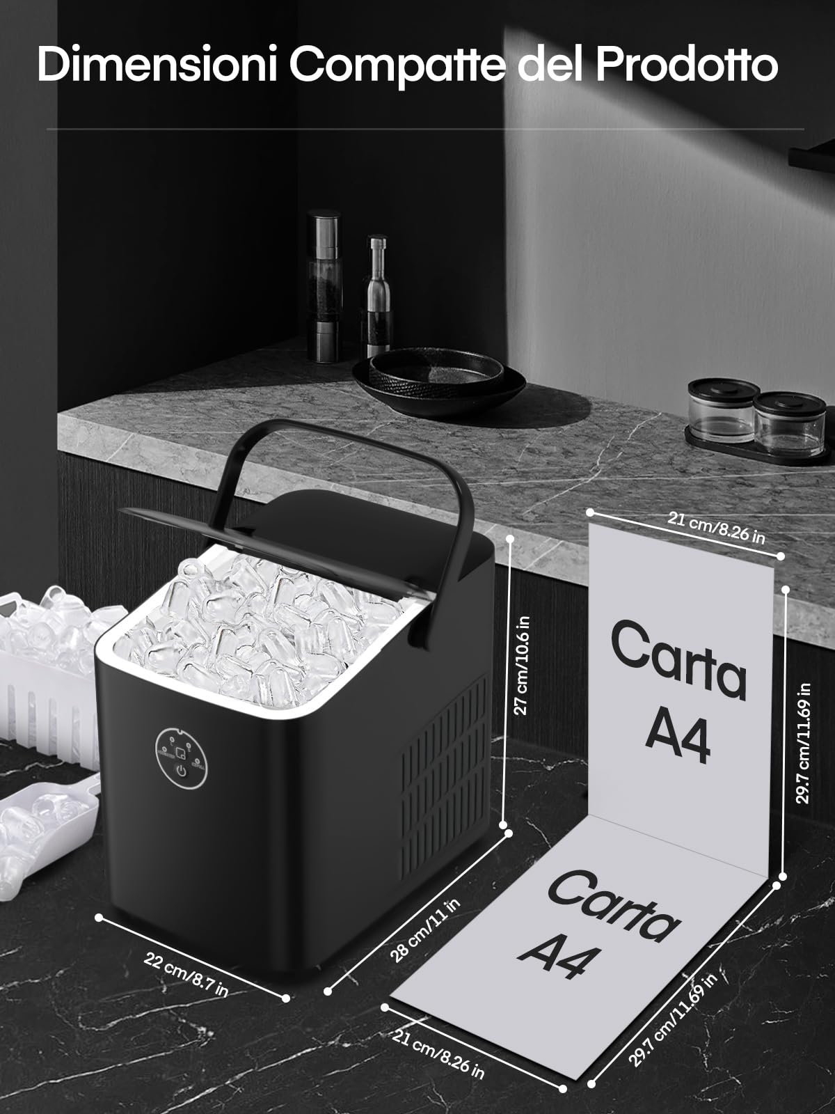 FOHERE Macchina Ghiaccio 14KG in 24h, Cubetti in 6-8 Min, Autopulente, 2 Dimensioni di Ghiaccio, Macchina per il Ghiaccio con Maniglia Portatile per Casa/Cucina/Ufficio/Bar (Nero Profondo)
