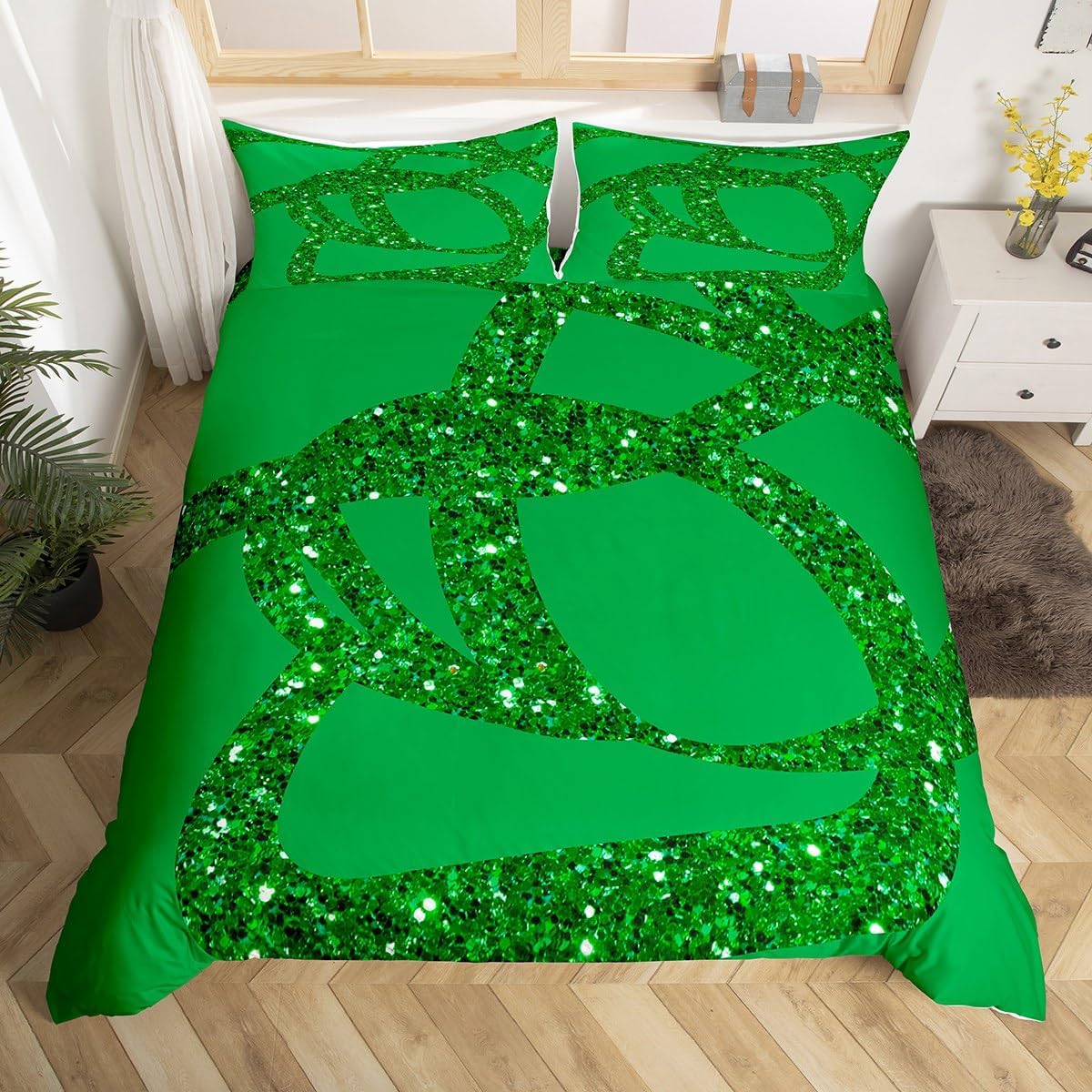 Dark Green Glitter Bedding Set Full Size Geometric Stripe