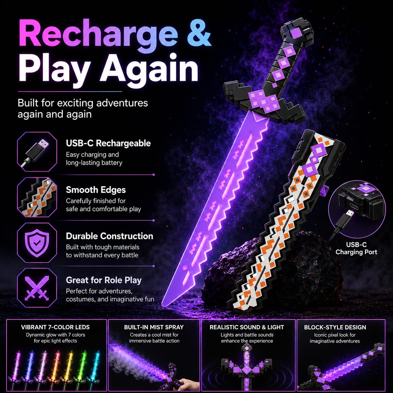 Espada de neón Cyberpunk – Hoja brillante LED de 31 pulgadas con sensor de sonido y golpe – Espada corta táctica futurista.