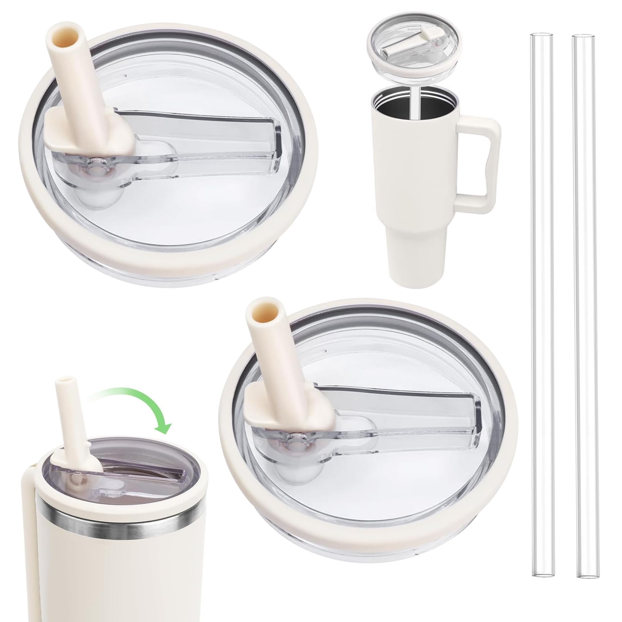 Stanley Cup Accessori, 2 PCS Stanley Cup Lid Replacement 40 Oz, Stanley Cup Accessories with 2 Pieces Straw, Reusable Replacement Lids Leakproof And Dustproof(Bianco)