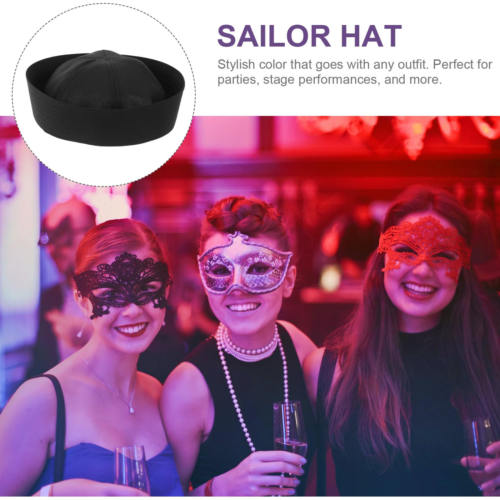 Chapeau Marin Noir pour Femme Bord Ajustable en Polyester Confortable, Accessoire Élégant pour Fête Costumée et Déguisement de Capitaine Unique
