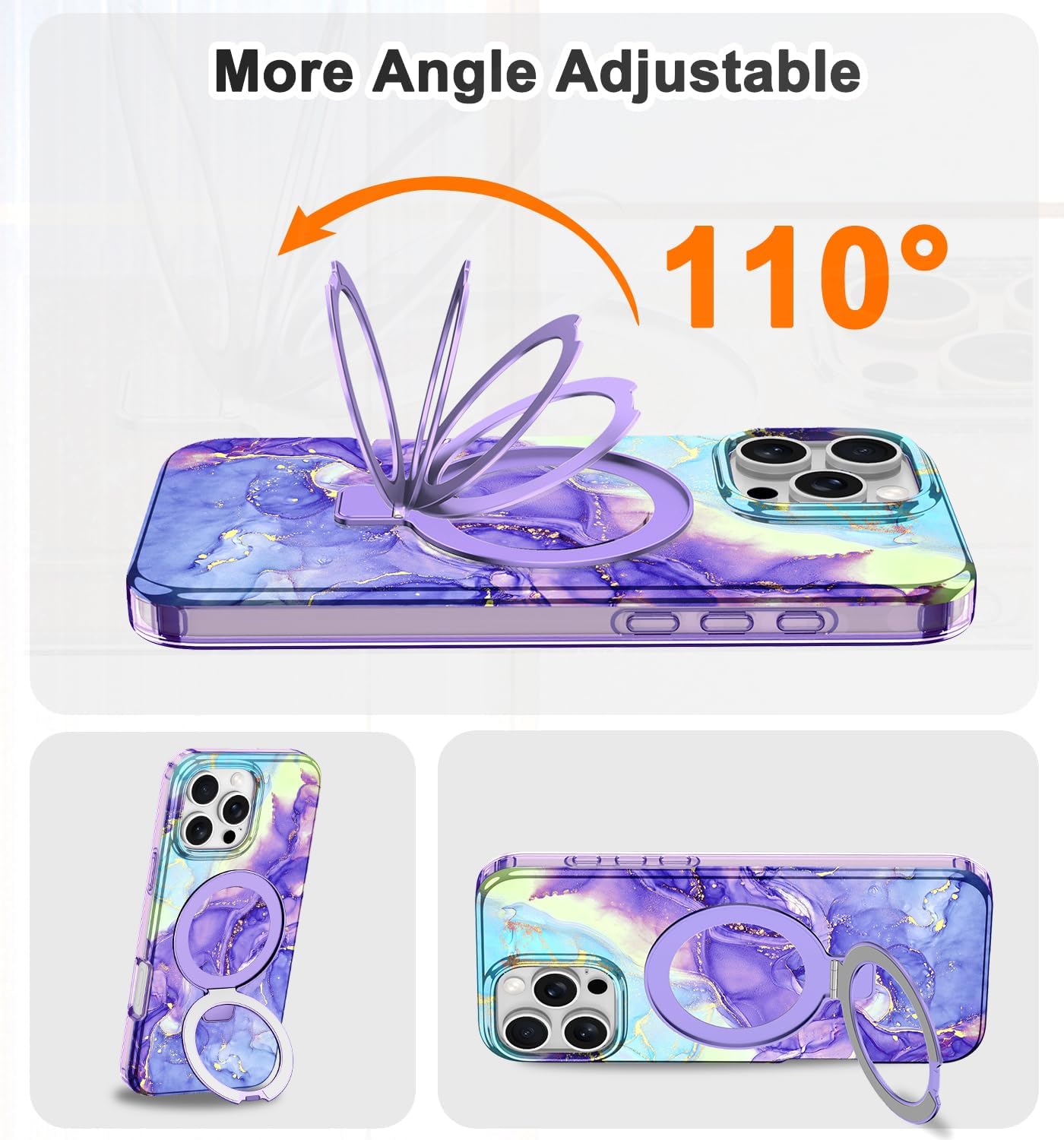 Lamcase for iPhone 16 Pro Case with Magnetic Invisible Ring Stand [Compatible with MagSafe], Full Body Rugged Slim Women Men Girl Shockproof Marble Pattern Design Case, Violet