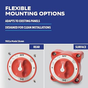 Blue Sea Systems e-Series Battery Switch 3 Position with Alternator Field Disconnect, 32V DC, 325A, Red, 11001