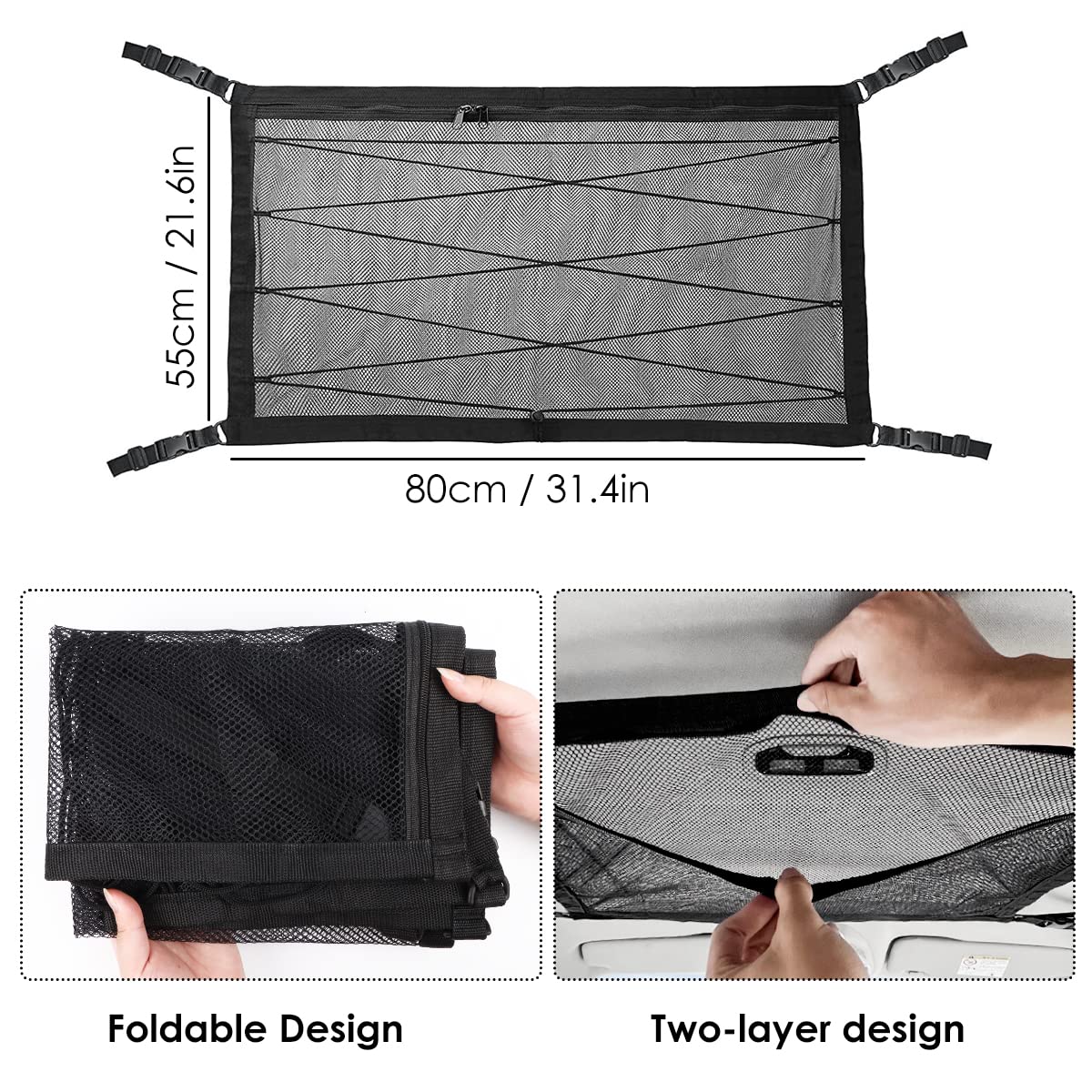 Autodak, bagagenet, 80 x 52 cm, dubbellaags bagagenet voor de auto, universeel