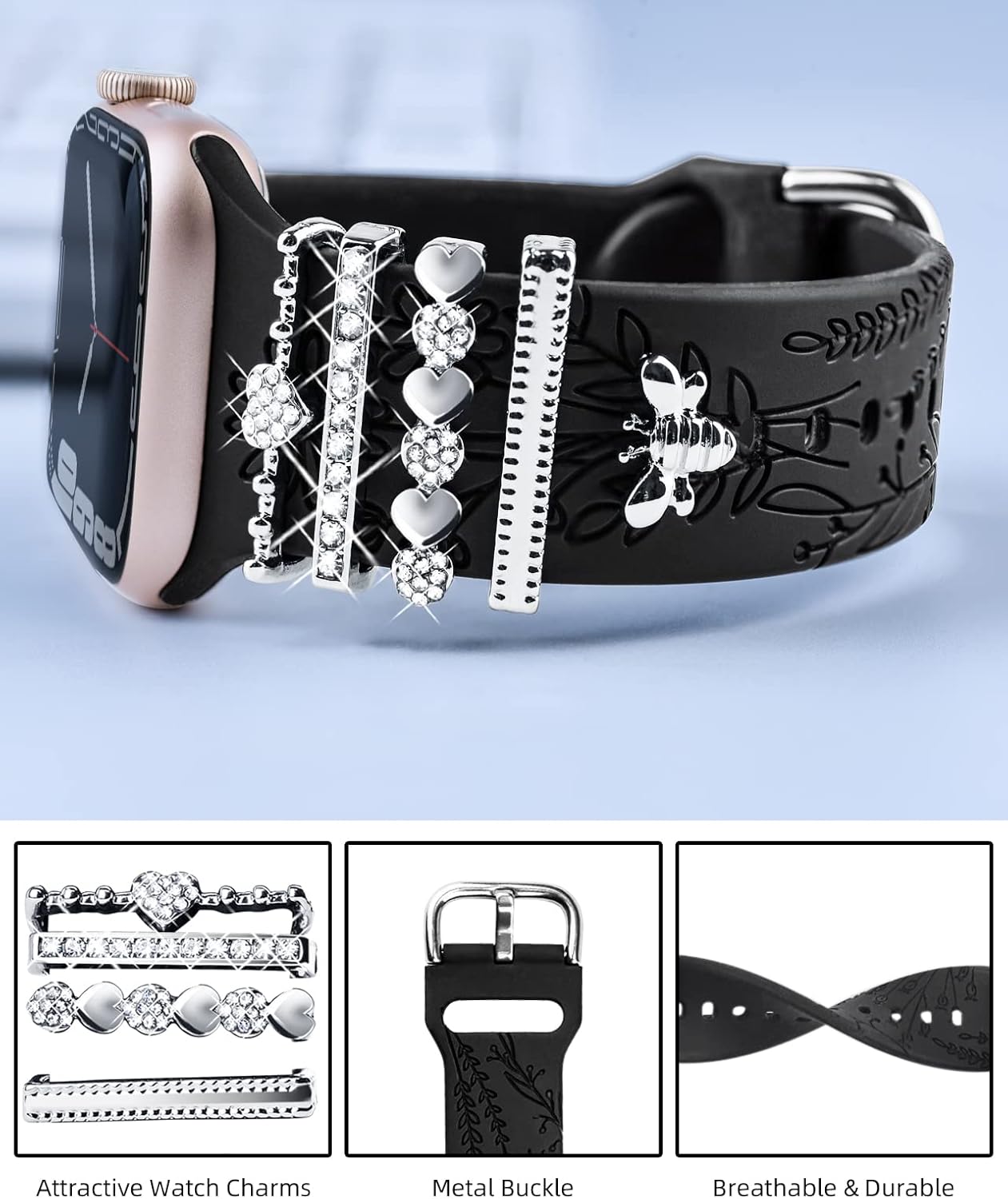 Watch Band Charms (Band Included) & 3 Pack Wildflower Engraved Bands, Compatible with Apple Watch Band 44mm 42mm 45mm 49mm