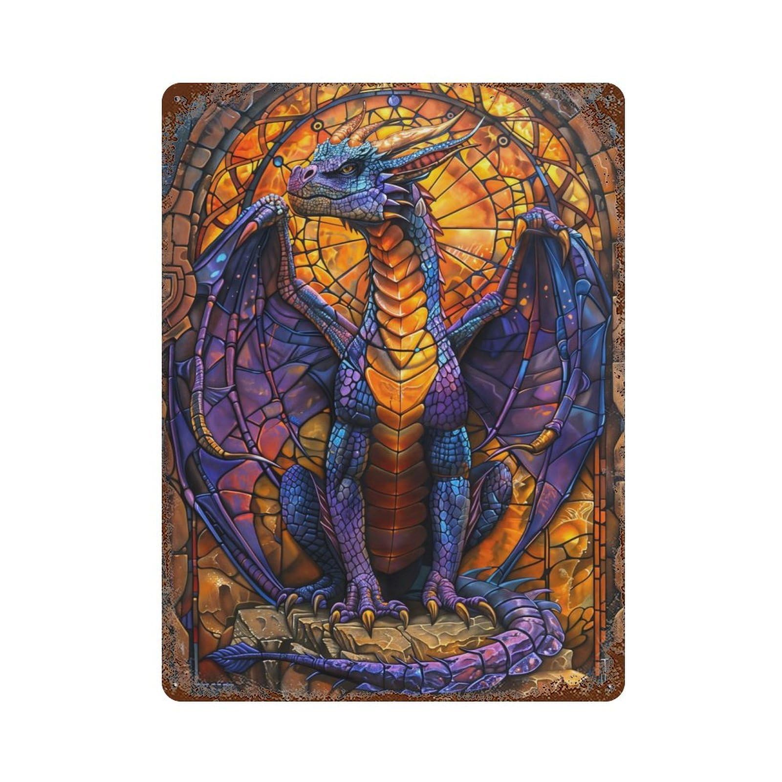 Garage Style Stained Glass Purple Drago Rusty Metal Tin Sign 15.7"x11.8", Farmhouse Wall Decor for Bar And Workshop