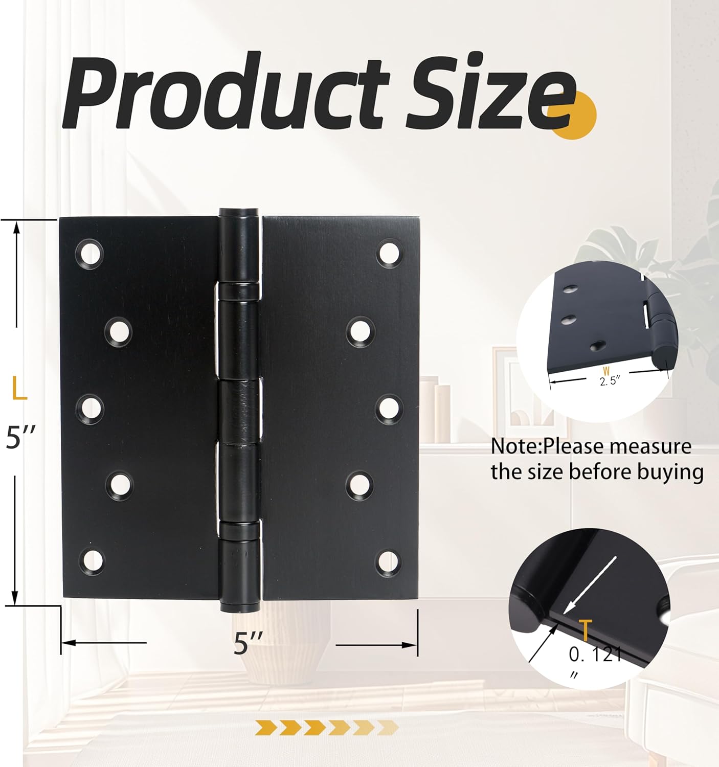 5 in * 5 in Hinges Heavy Duty Door Hinges up to 220 lbs, 201 Stainless Steel Black Hinges Ball Bearing, Thickness 3 mm Square Corners with 20 Screws, Non-Removable Pin (4 Pack)