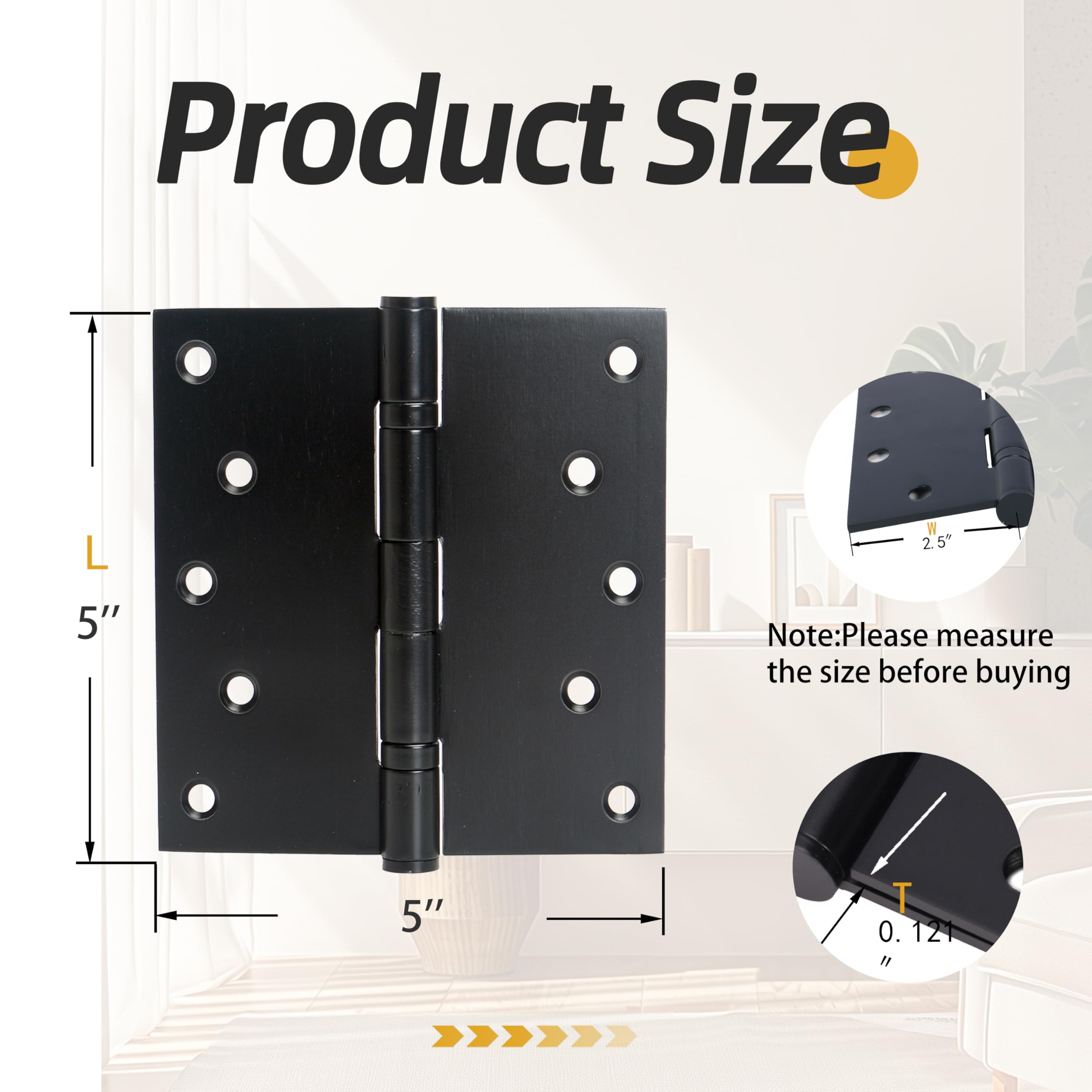 Bisagras de puerta resistentes de 5 x 5 pulgadas, bisagras de puerta de hasta 220 libras, bisagras negras de acero inoxidable 201, rodamiento de bolas, esquinas cuadradas de 3 mm de grosor con 20