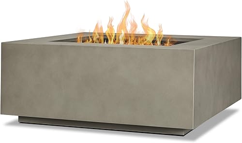 Real Flame Aegean - Mesa cuadrada de propano o gas natural para fogata para exteriores, quemadores de acero inoxidable con tapa, kit de conversión