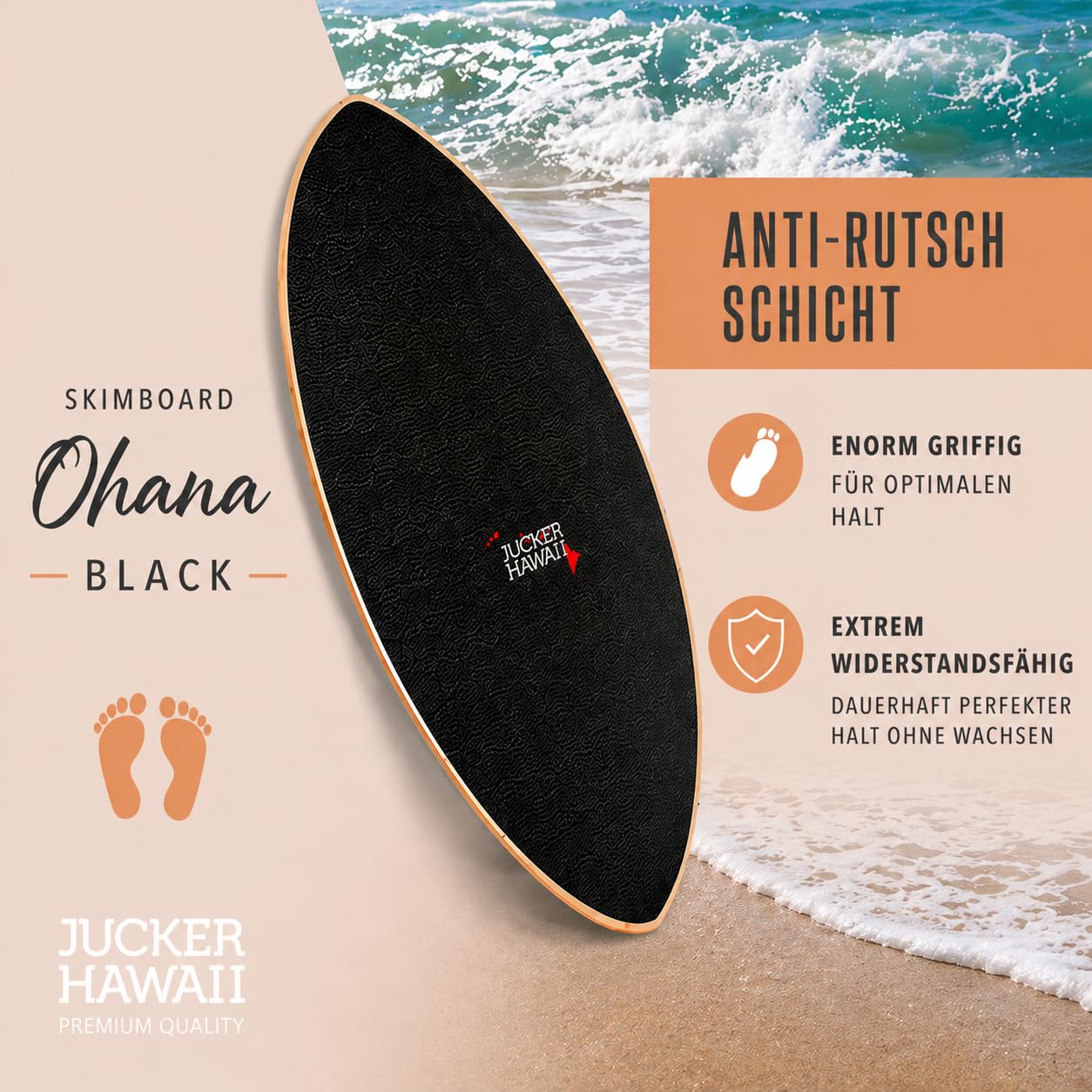 JUCKER HAWAII Skimboard Ohana Black | Skimboard mit vollflächigem Anti-Rutsch-Belag für optimalen Halt | Premium Skimboard für Anfänger und Profis | Perfekt für Strandabenteuer und Tricks