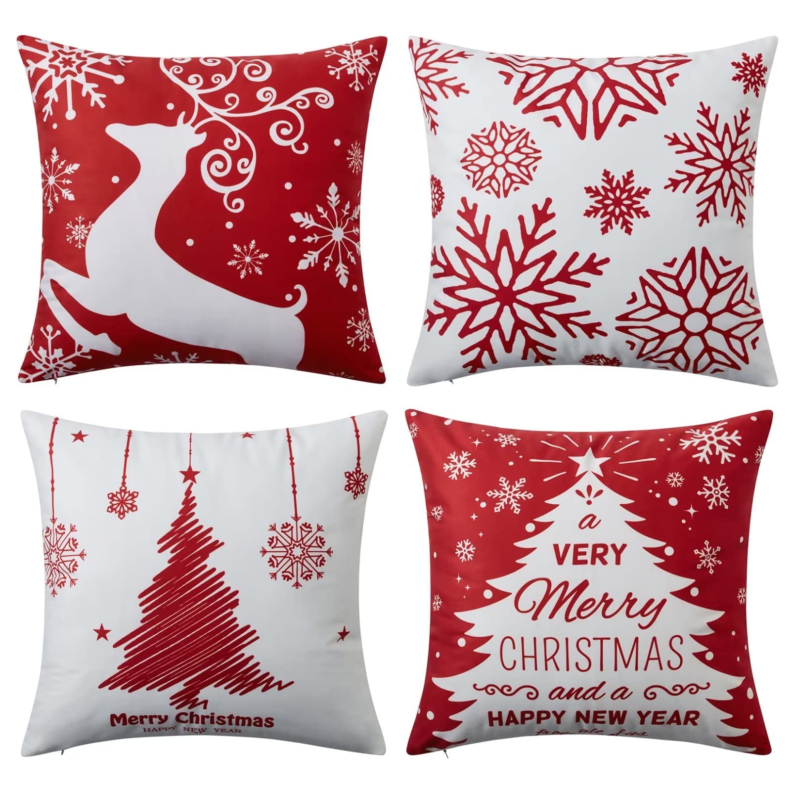 GlowSol Red Pillow Covers Xmas Deer Snowflake Tree Pattern Cushion Case Christmas Decorative Pillowshams, 18×18 Inches 4 pcs
