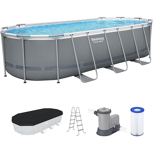 Bestway Power Steel 18' x 9' x 48" Oval Metal Frame Above Ground Outdoor Backyard Swimming Pool Set with 1500 GPH Filter Pump, Ladder, and Pool Cover