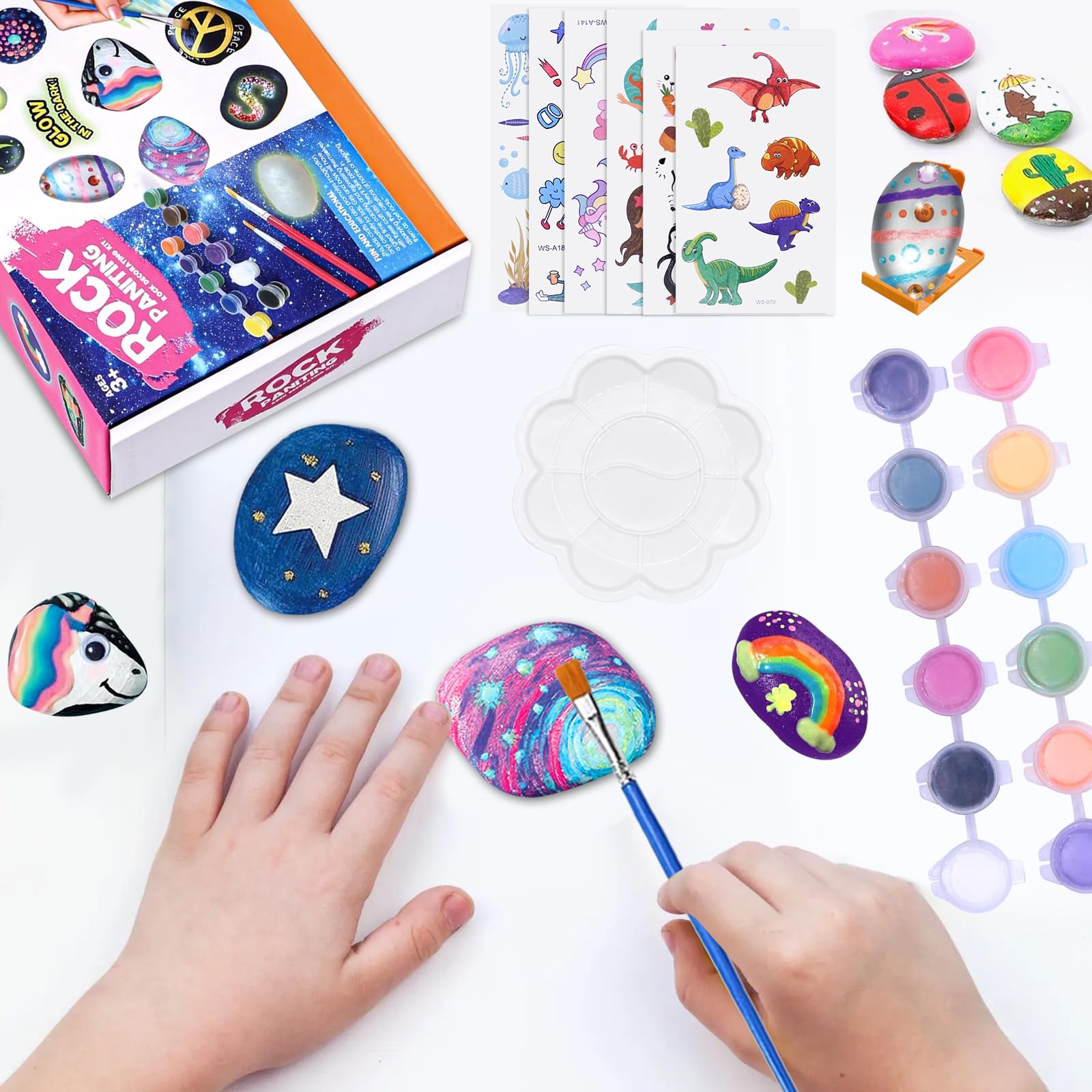 YESLUSY Kit Creativi Pittura di Pietra per Bambini con 18 Pigmenti Colori e Accessori, Regalo di Compleanno, Lavoretti Creativi dai 3 ai 10 Anni