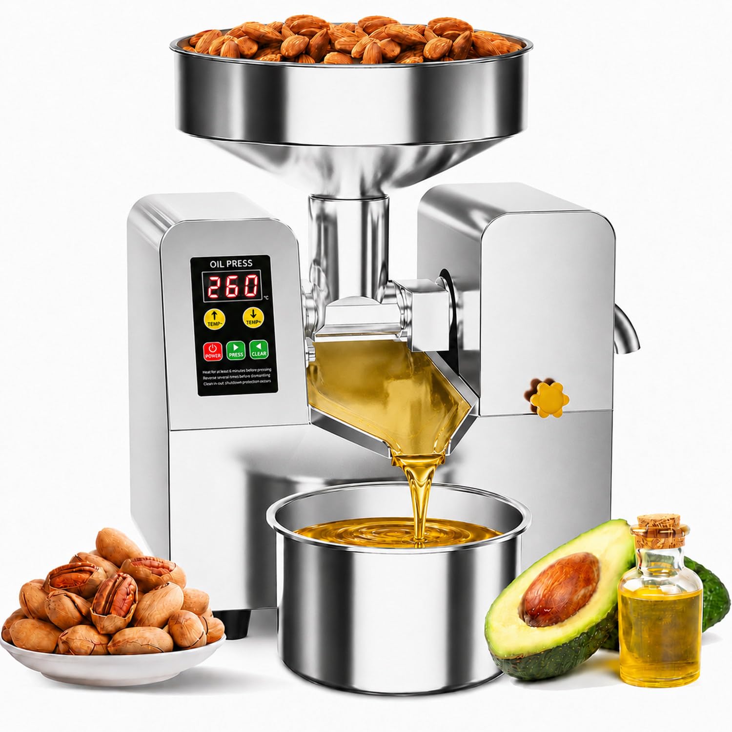 ölpresse Maschine, Haushaltsölpresse, ölpressmaschine, Olivenöl Presse | Edelstahl, 5-9 Kg/H, Mit Bedienfeld, Doppelte Ölgewinnungsmodi, Automatische Rückwärtsfunktion, Einstellbar 40–300°C