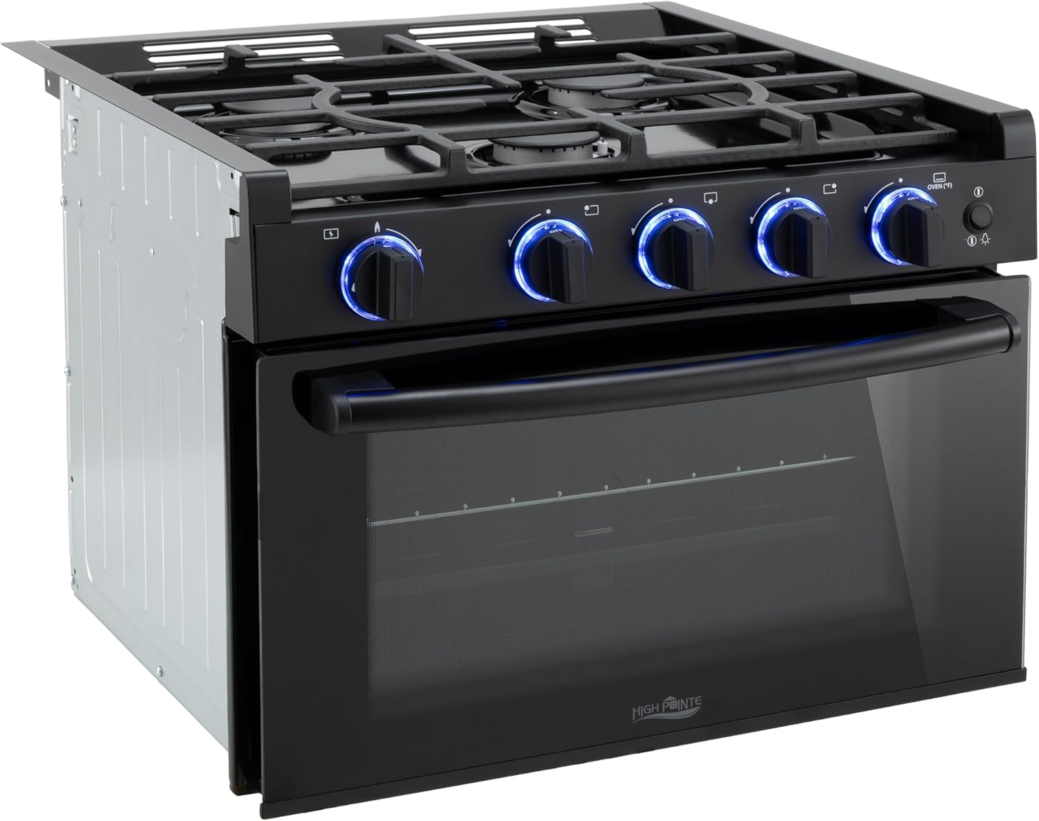 RecPro RV High Pointe Stove Black Finish | Gas Range 17" Tall | 6800 and 8300 BTU Three Burner | 7100 BTU Oven with 1.2 Cu. Ft Capacity | Fueled by Propane