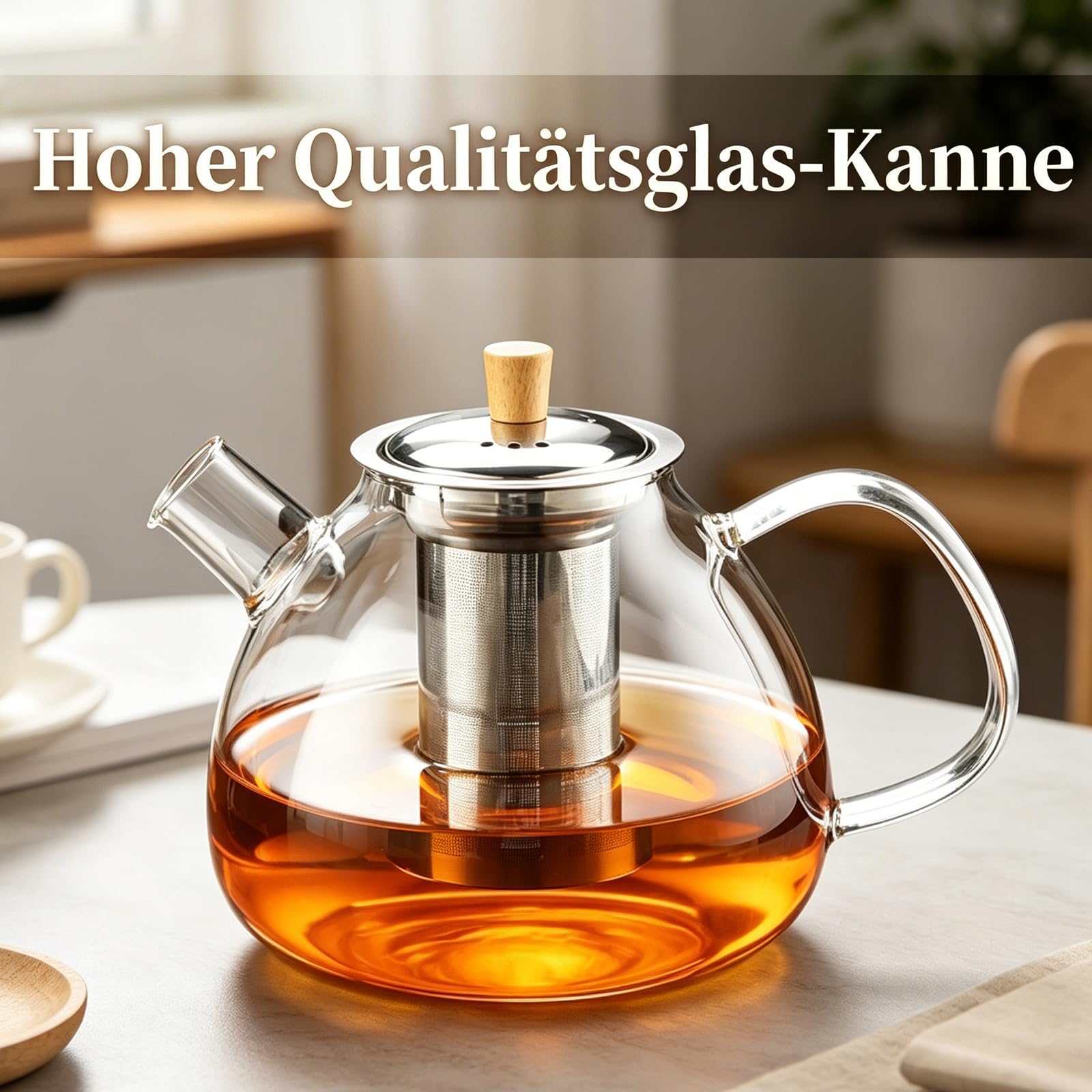 Glas Teekanne mit Siebeinsatz, 1,5 Liter Verstärkte Glasstärke Robuster Teapot, Glasteekanne für Grüntee, Schwarzen Tee, Duftenden Früchtetee
