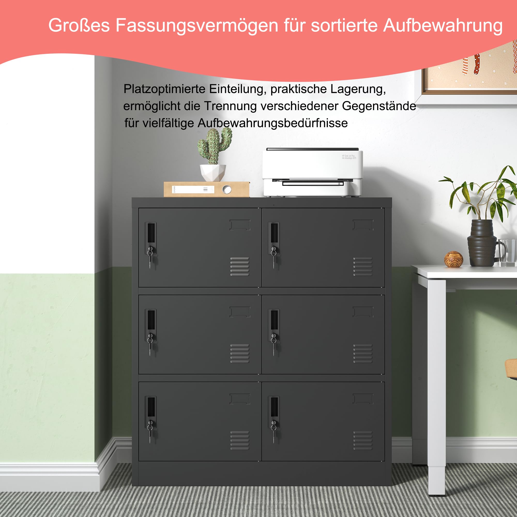 IKIMI Metall-Schließfächer für Mitarbeiter, Büro-Aufbewahrungsschrank mit 6 Türen, schwarz, 90 cm x 40 cm x 100 cm, Stahl-Personalspind, Aufbewahrungsschrank für Fitnessstudio, Zuhause, Schule