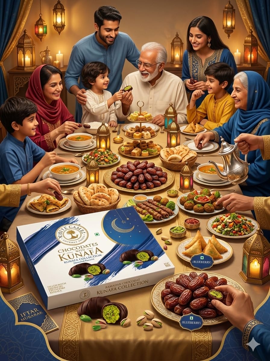White Camel Chocodates with Kunafa, Blueberry, Filled with Crunchy Pistachio Kunafa and Blueberry Fellings, 100g (By DECADENT FOODS)