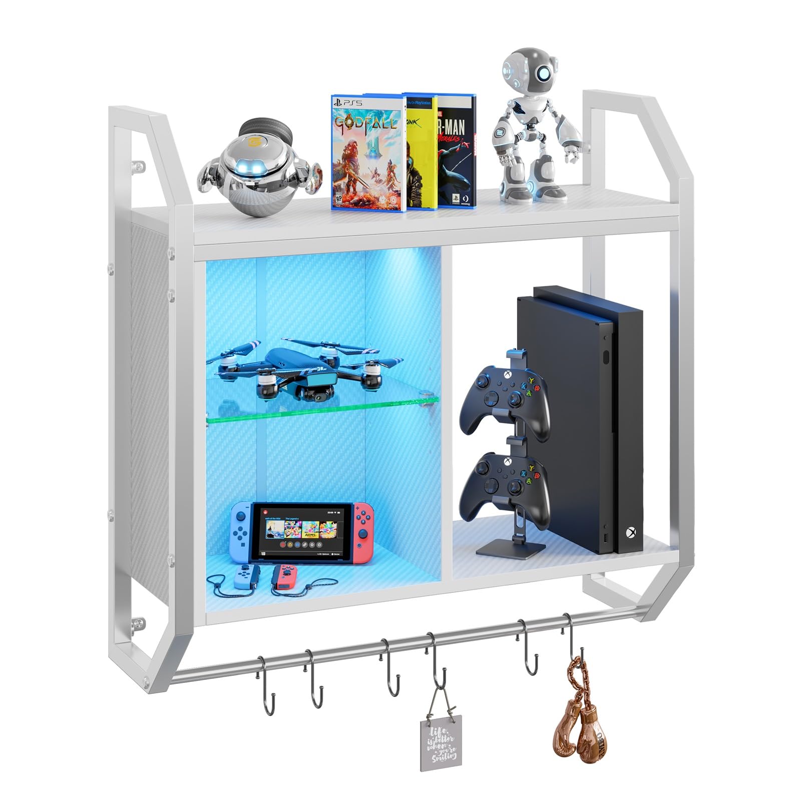 Bestier LED Gaming Floating Shelves for Wall, 25" Wall Mounted Shelf Pipe Adjustable Glass Shelves, White Hanging Display Rack with 6 S-Hooks Towel Bar, Gaming Bedroom Decor Shelf