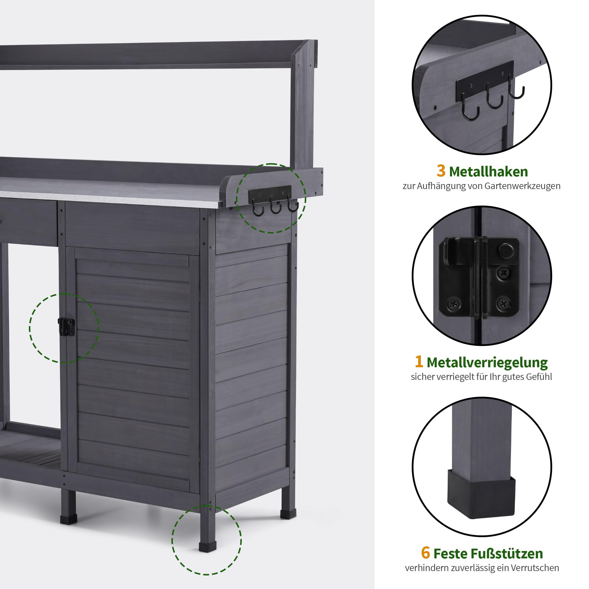 M MCombo Pflanztisch mit Schublade, Ablage, Verzinkter Arbeitsplatte & Schrank, Gärtnertisch Wetterfest mit 3 Haken, Blumentisch Massivholz für Garten, Balkon & Terrasse, 48 x112 x 126 cm, 0440 (Grau)