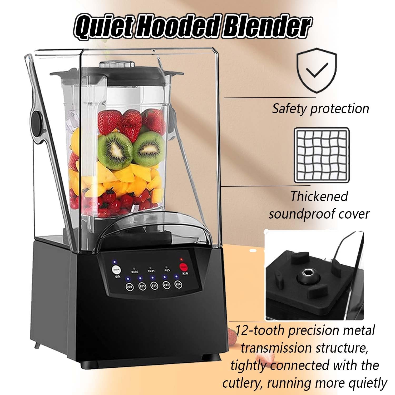 Profesjonalny blender cichy 2200W z osłoną akustyczną, 2L pojemnik PC, 6 ostrzy stalowe, smoothie maker, do koktajli, lodu, zup i użytku gastronomicznego