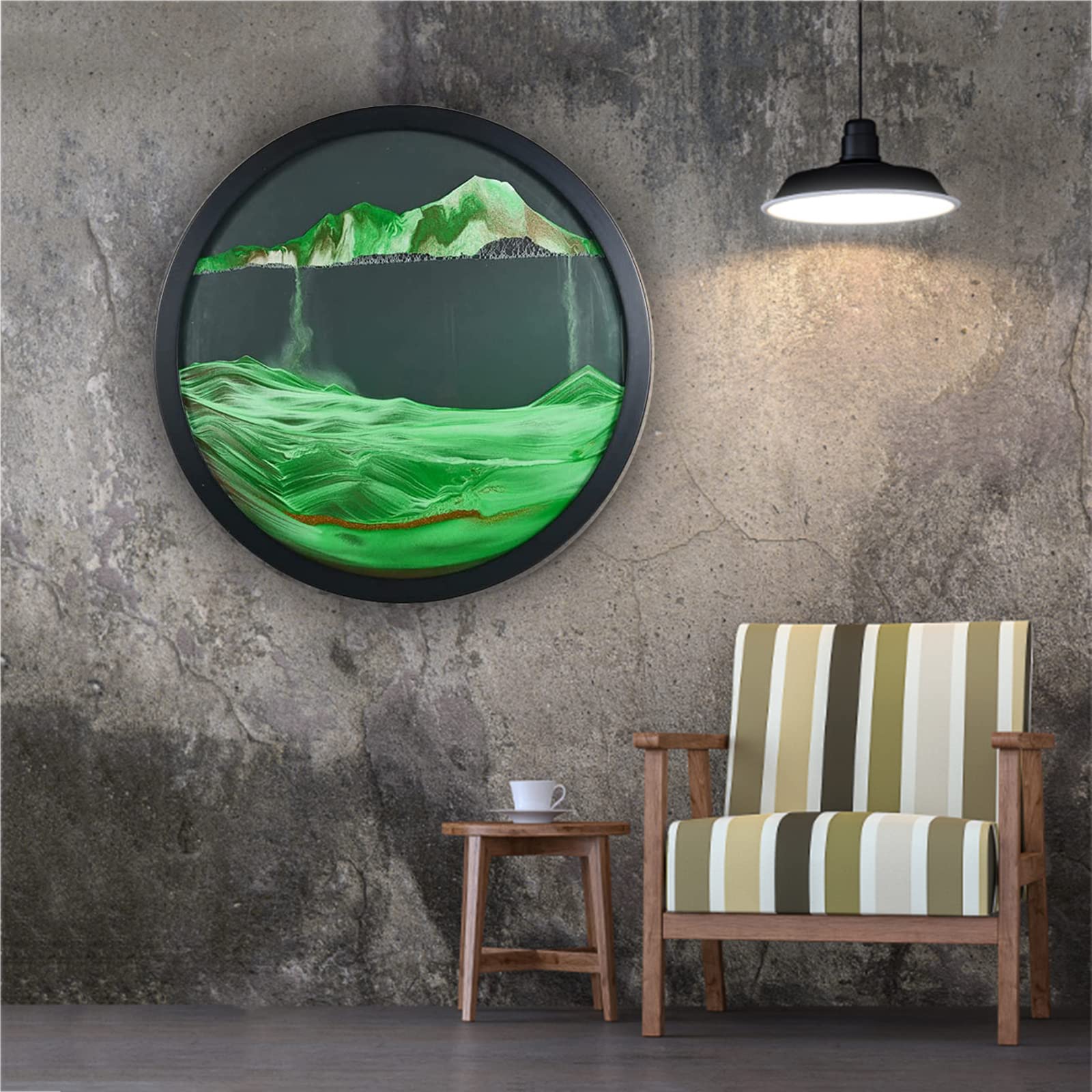 23.6'' Moving Sand Art Decor, Sand Art Wall Mounted Rotate Sculpture, Wall Art Deep Sea Sandscape Room Decoration, Glass Crafts Solid Wood Frame, Relaxing Mood Home Office Work Decor (Green-Black Background)…