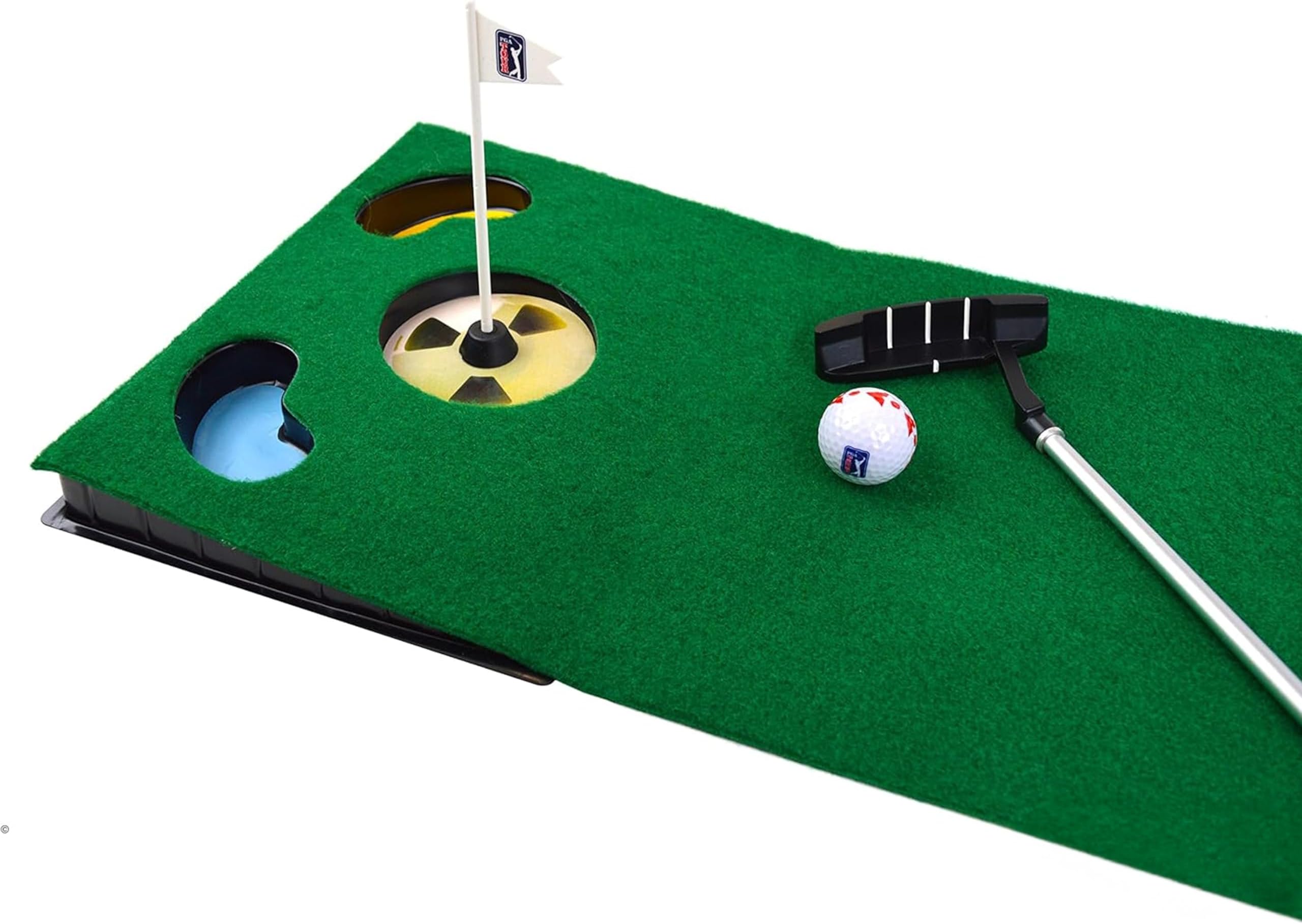 PGA TOUR Putting Mat Indoor Golf 6ft - Golf Putting Mat with Alignment Guide, Smooth Grass Surface, Lake Traps, Target Flag, Collapsible Putter, Novelty Sports Ball Themed Golf Balls